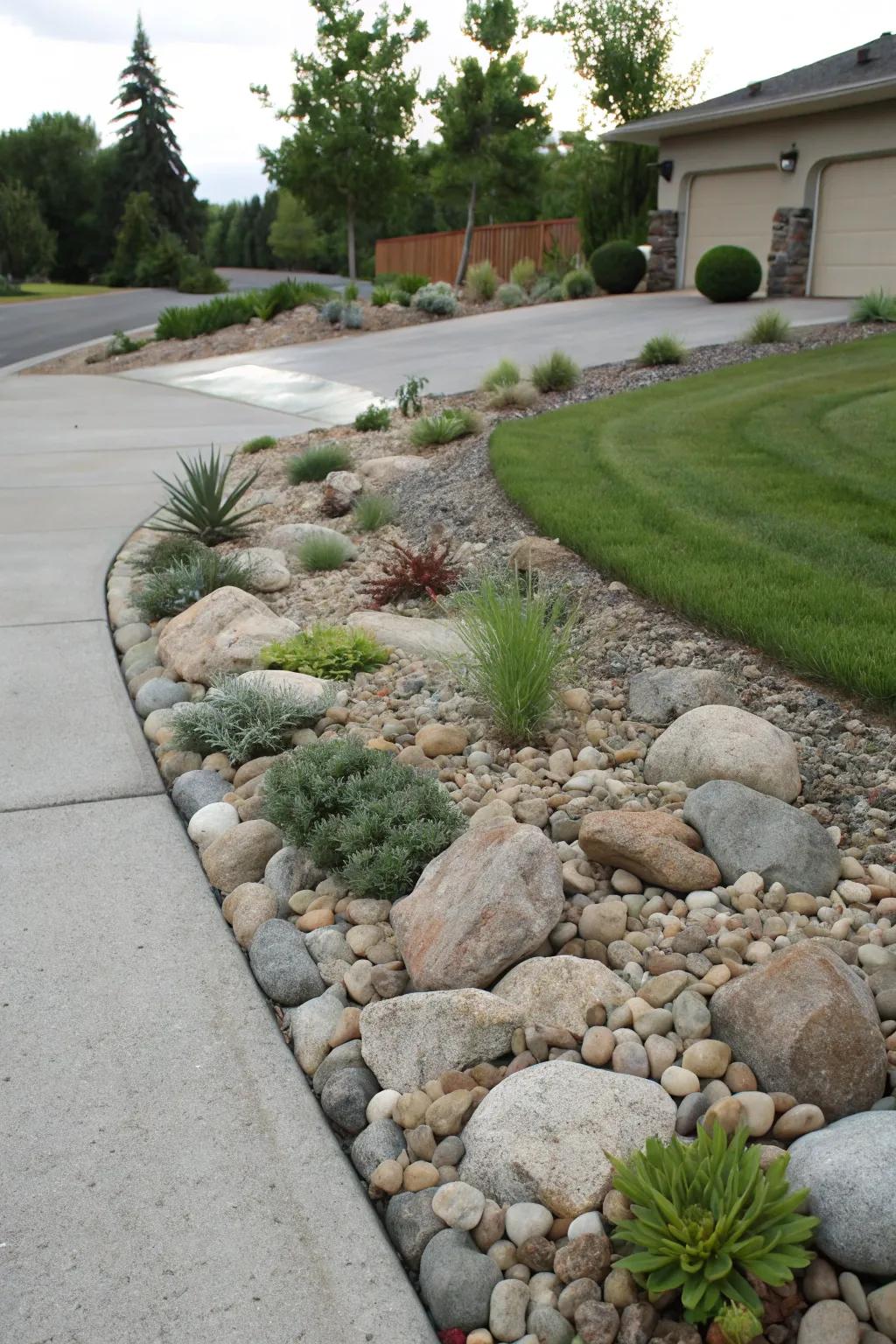 Charming mini rock garden with river rocks enhancing the driveway.