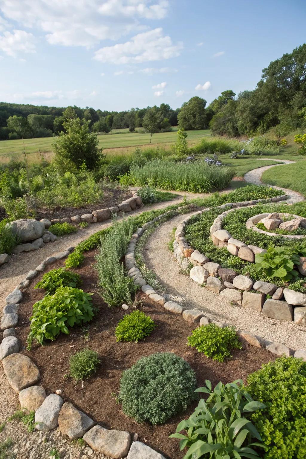A river rock herb spiral maximizes space and grows fresh flavors.