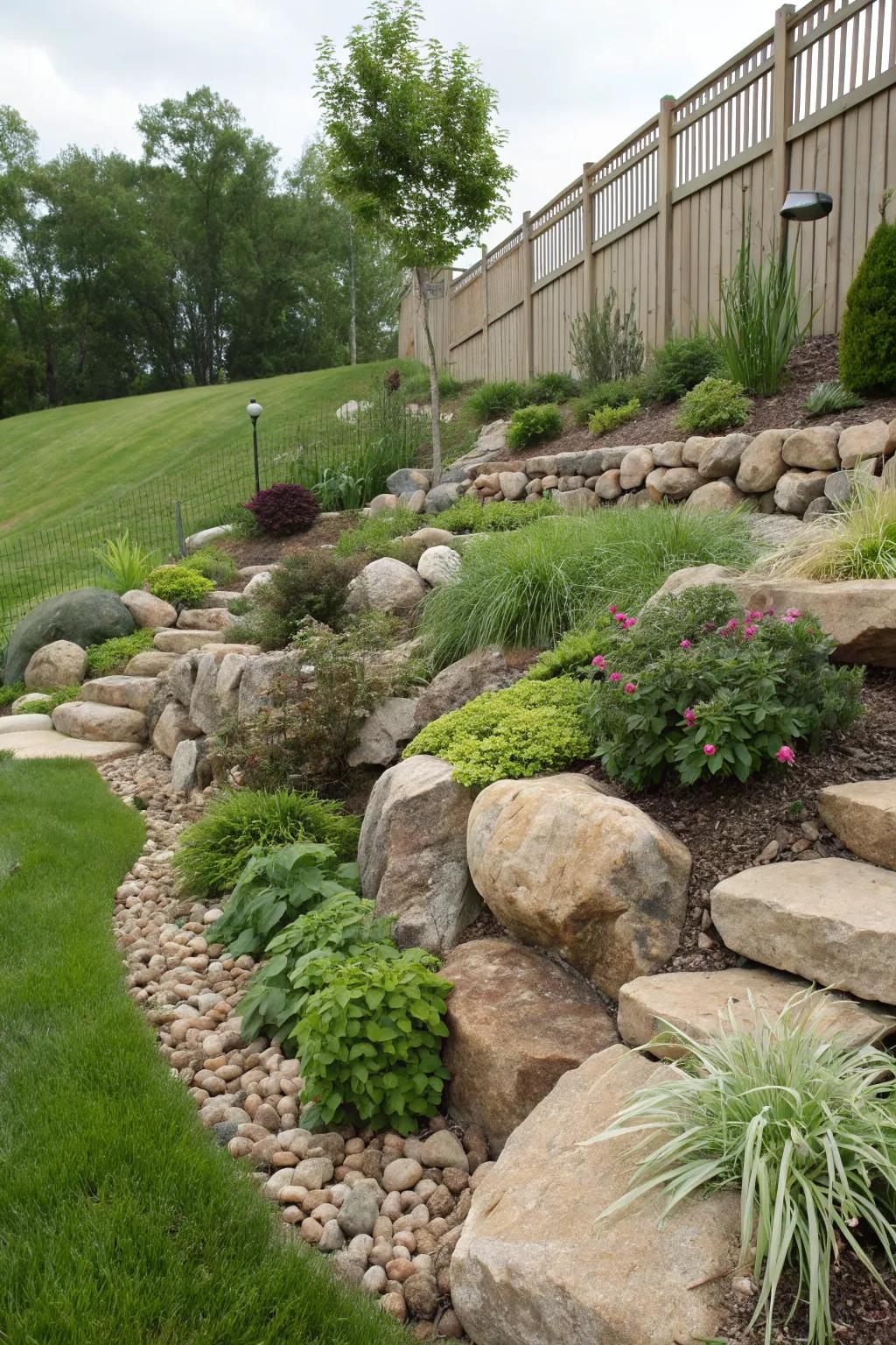 Rock gardens on slopes are both functional and beautiful.