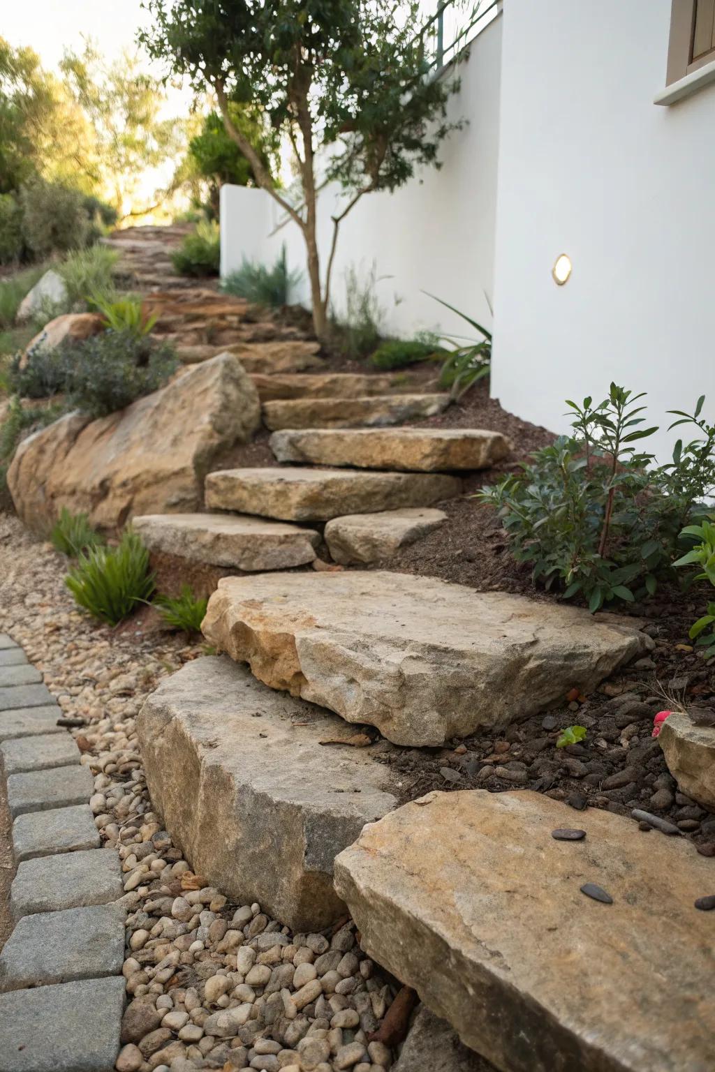 Natural rock steps provide a functional and harmonious path through the garden.