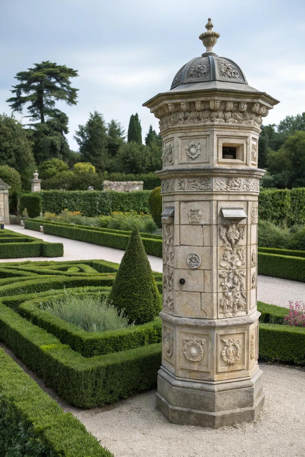 A stone tower mailbox that impresses with its height and architectural detail.
