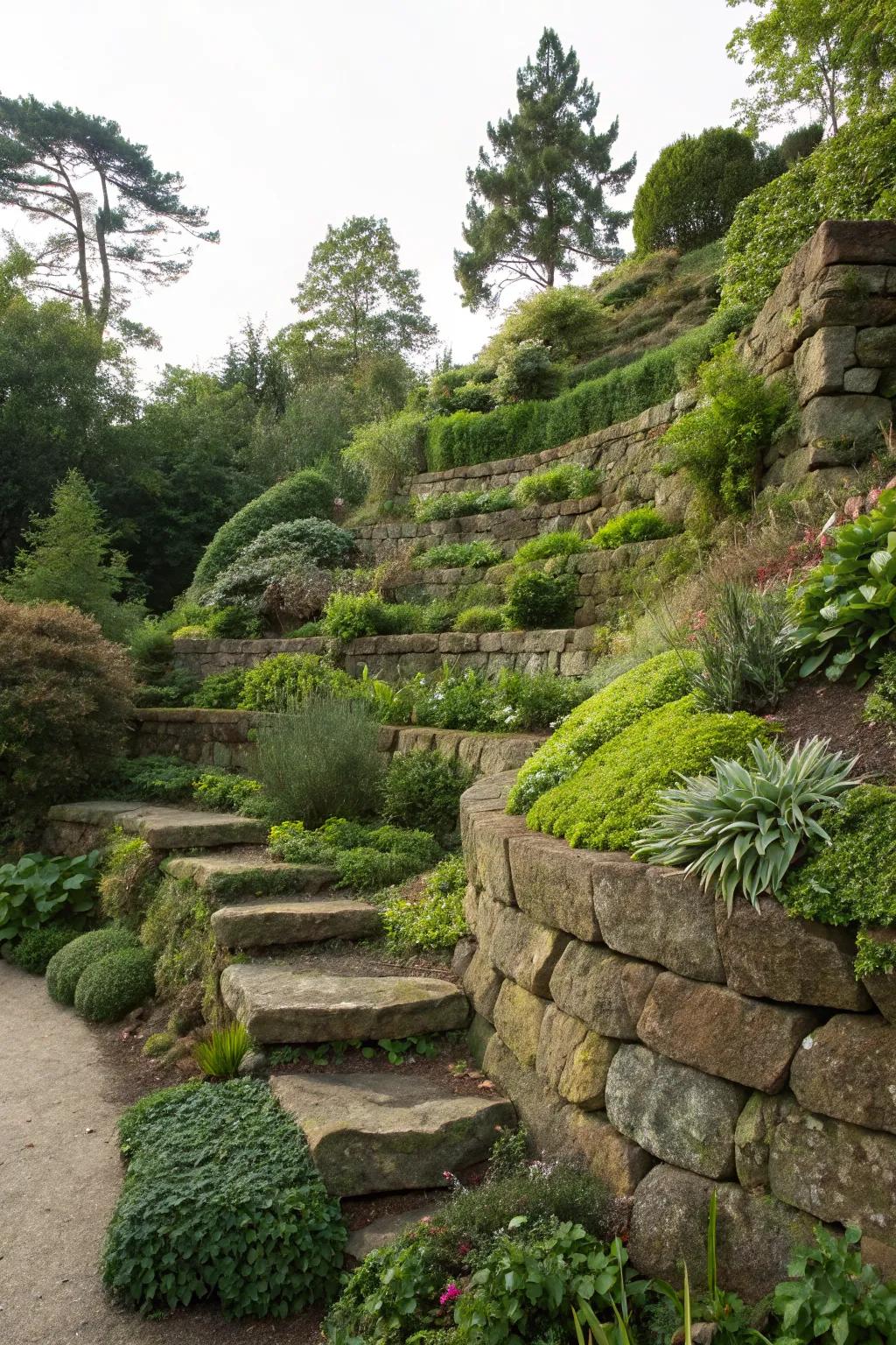 Tiered rock walls highlight layered planting in gardens.