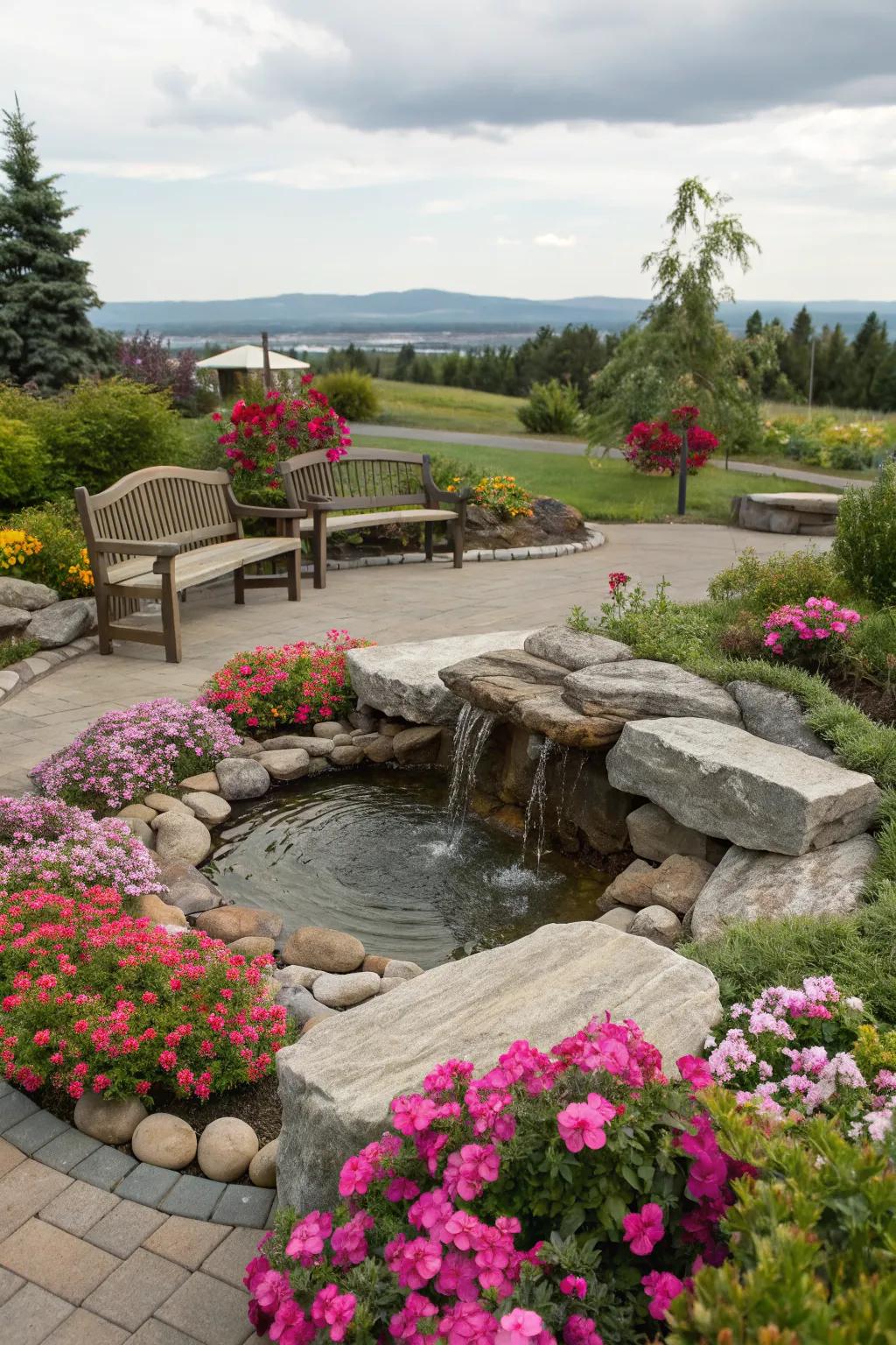 Integrated seating areas enhance the enjoyment of garden features.