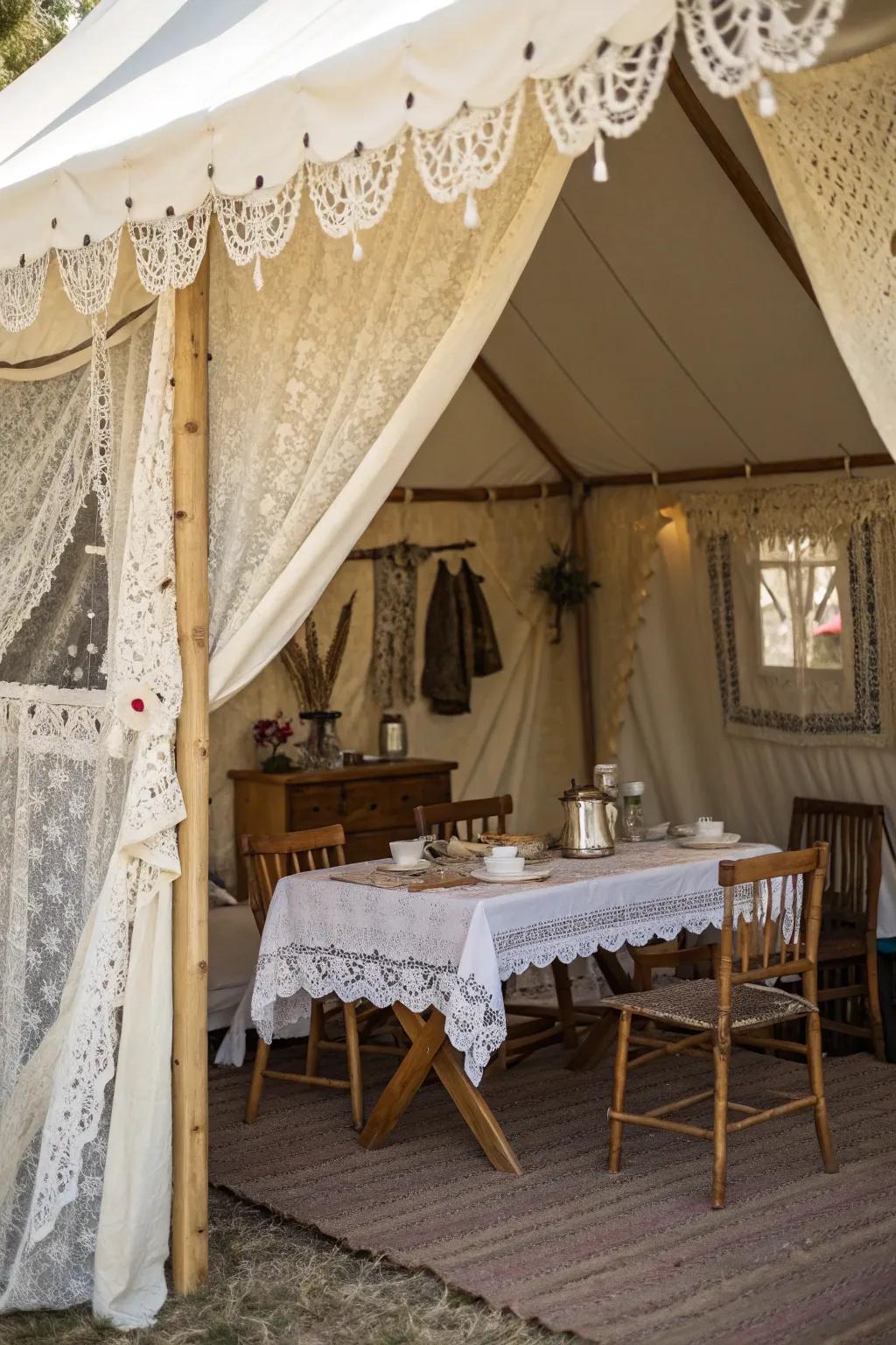 Vintage elements create an elegant atmosphere in a tent.