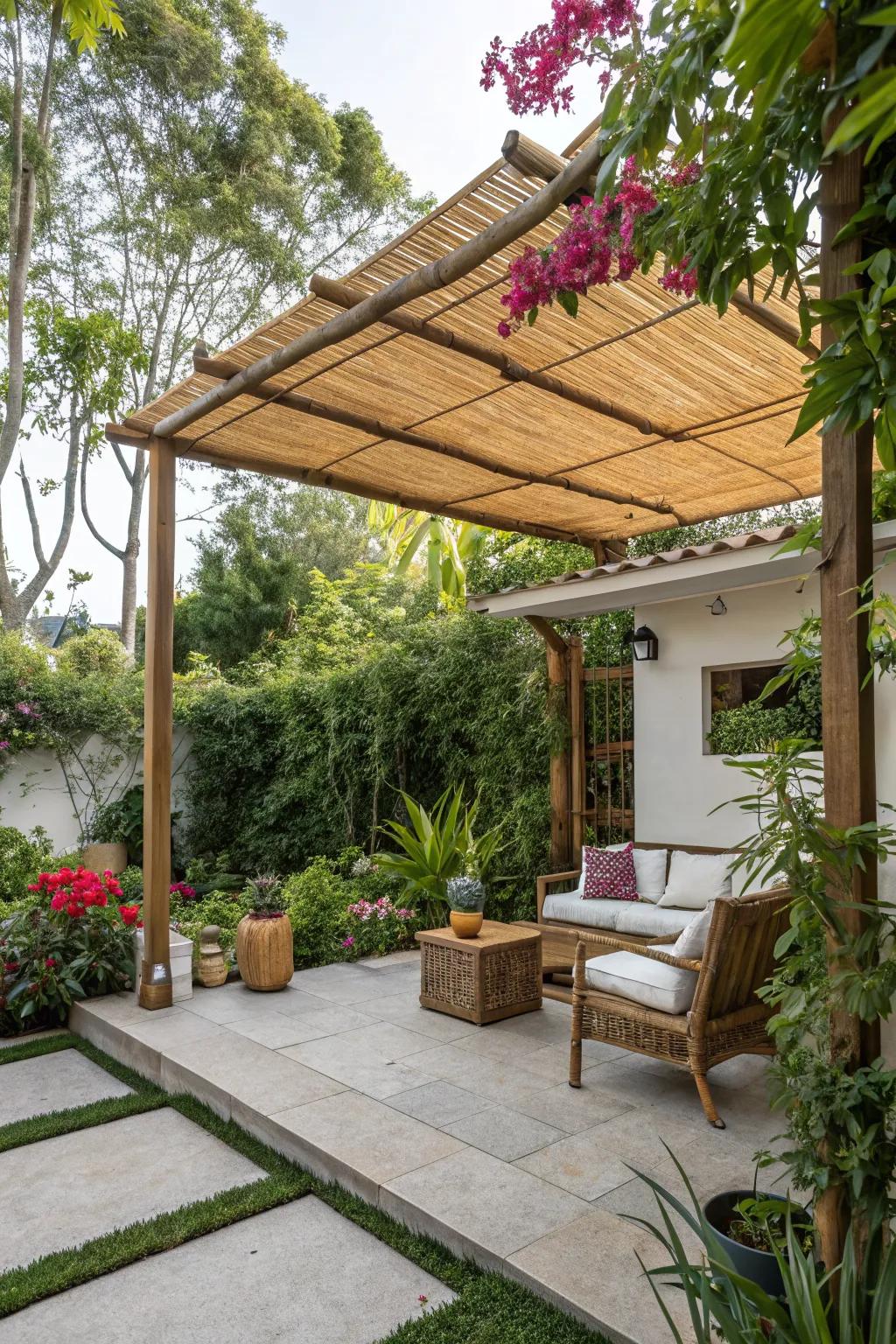 Bamboo structures offer a tropical feel and natural shading.