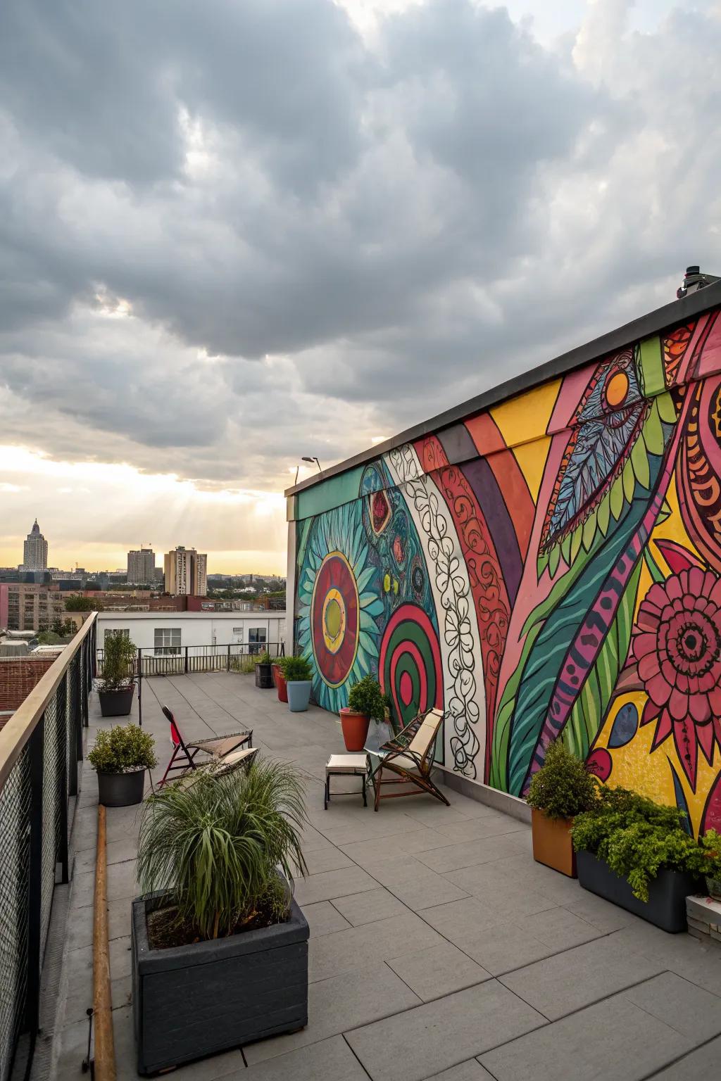 A vibrant wall mural bringing art and color to the rooftop.