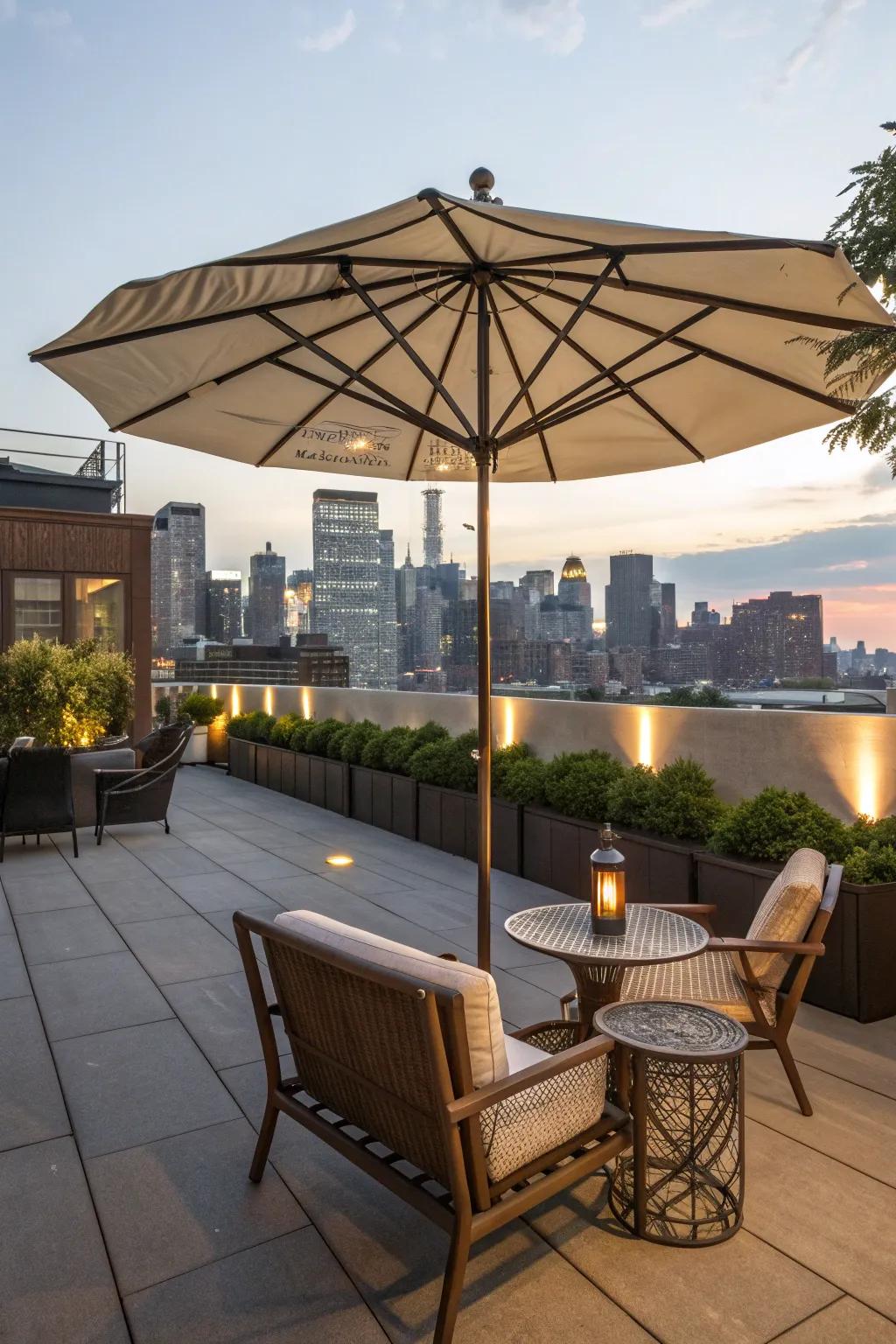 Stay cool and comfortable with a large rooftop umbrella.