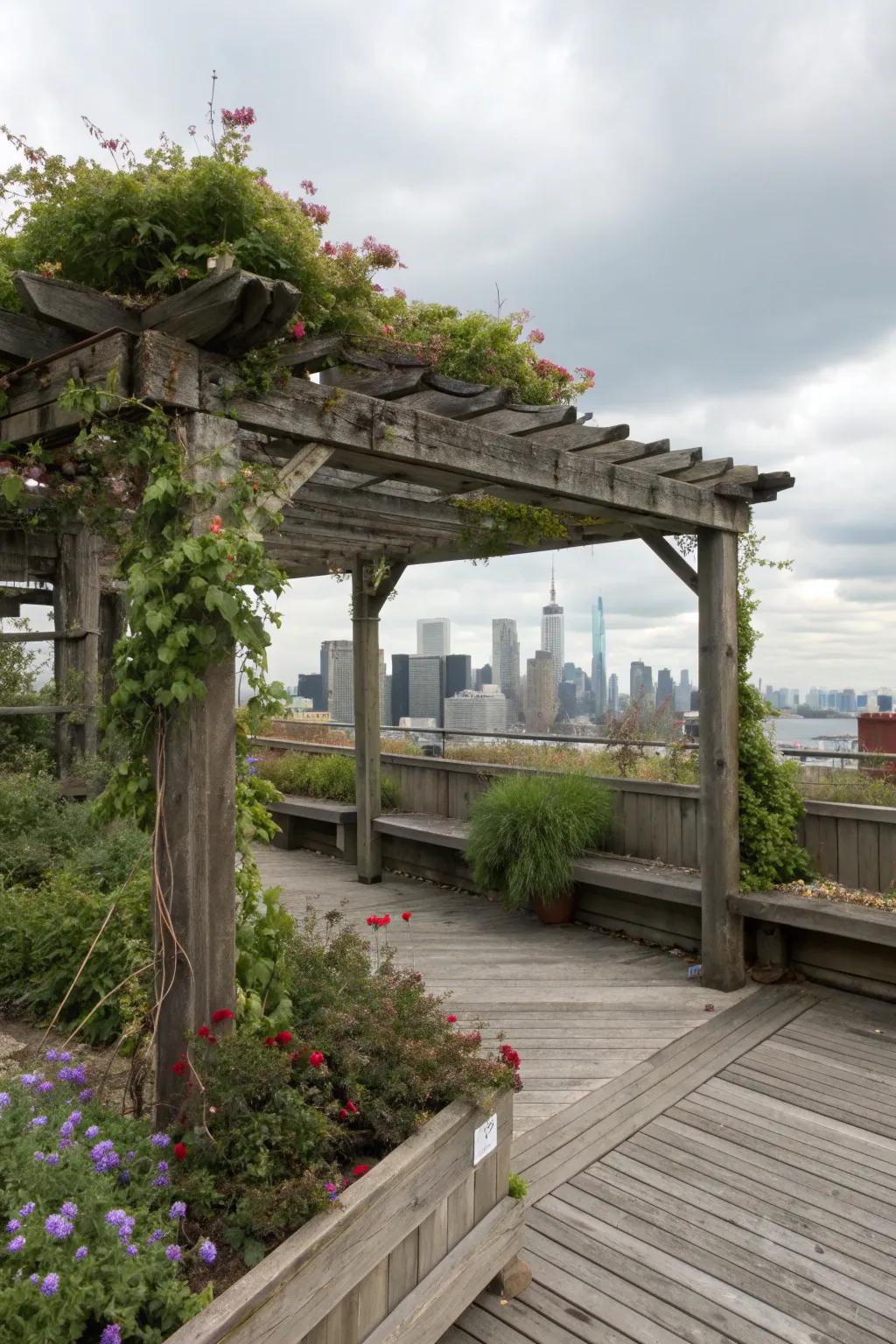 Reclaimed wood lends rustic charm and warmth to your pergola.