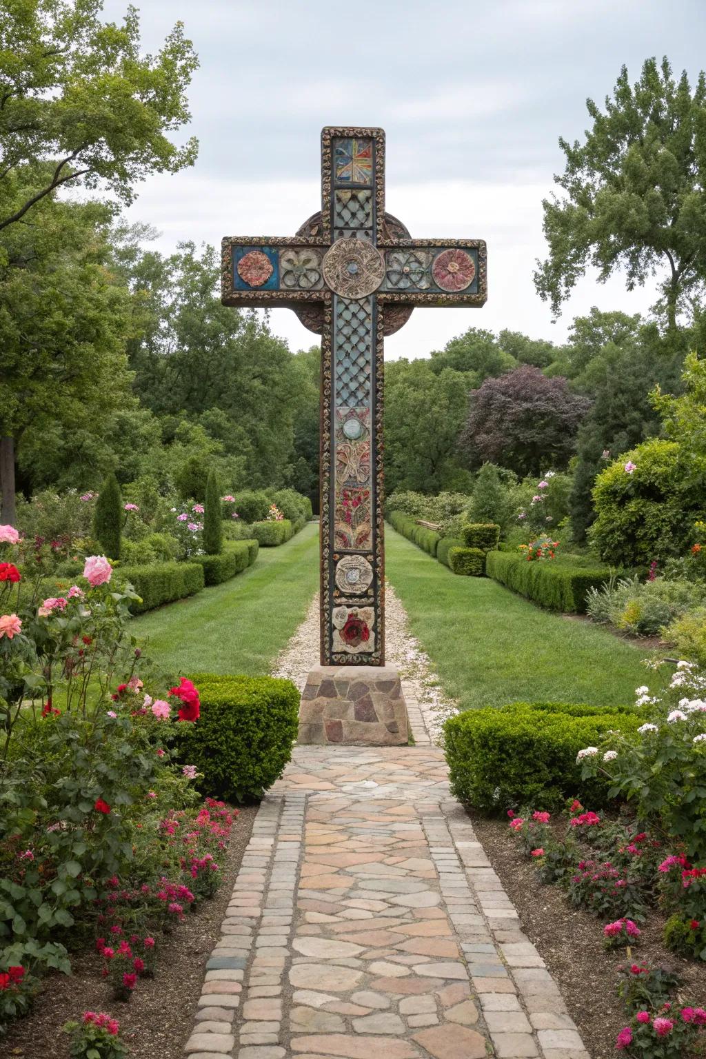 A stunning mosaic cross as the garden's artistic centerpiece.