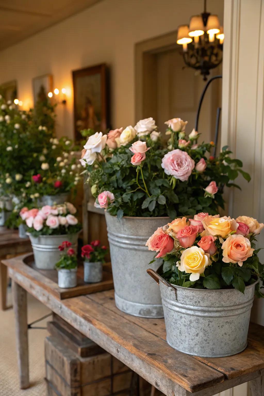 Vintage pot gardens showcasing roses in style.