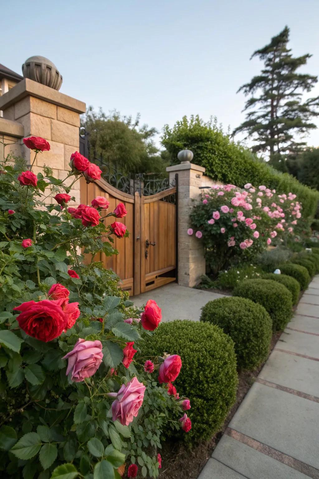 A sweet welcome with fragrant roses by the entrance.