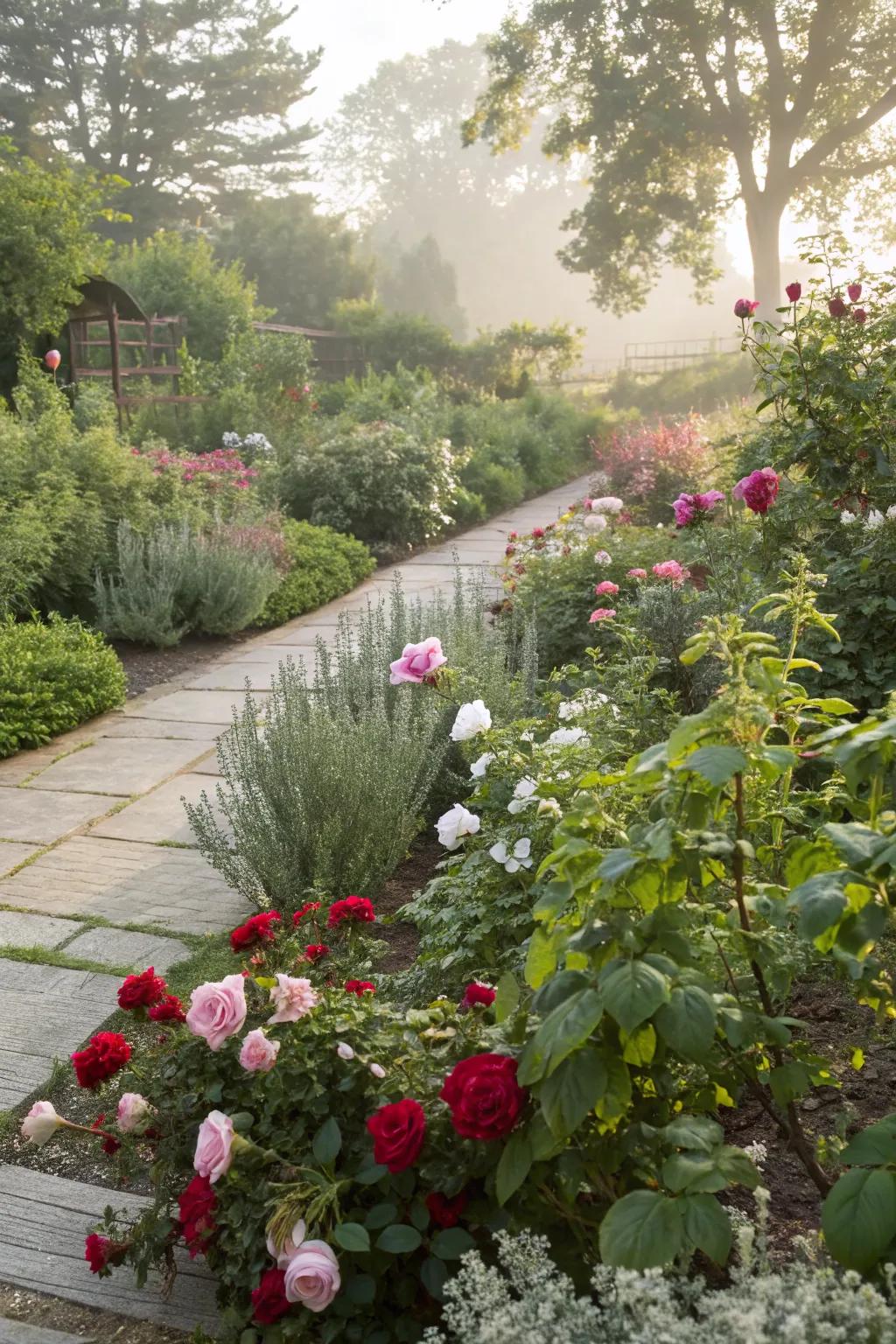 Combining roses with herbs creates a sensory garden experience.