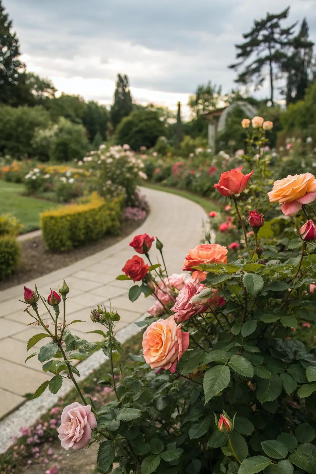 A garden showcasing seasonal variety with roses in bloom.