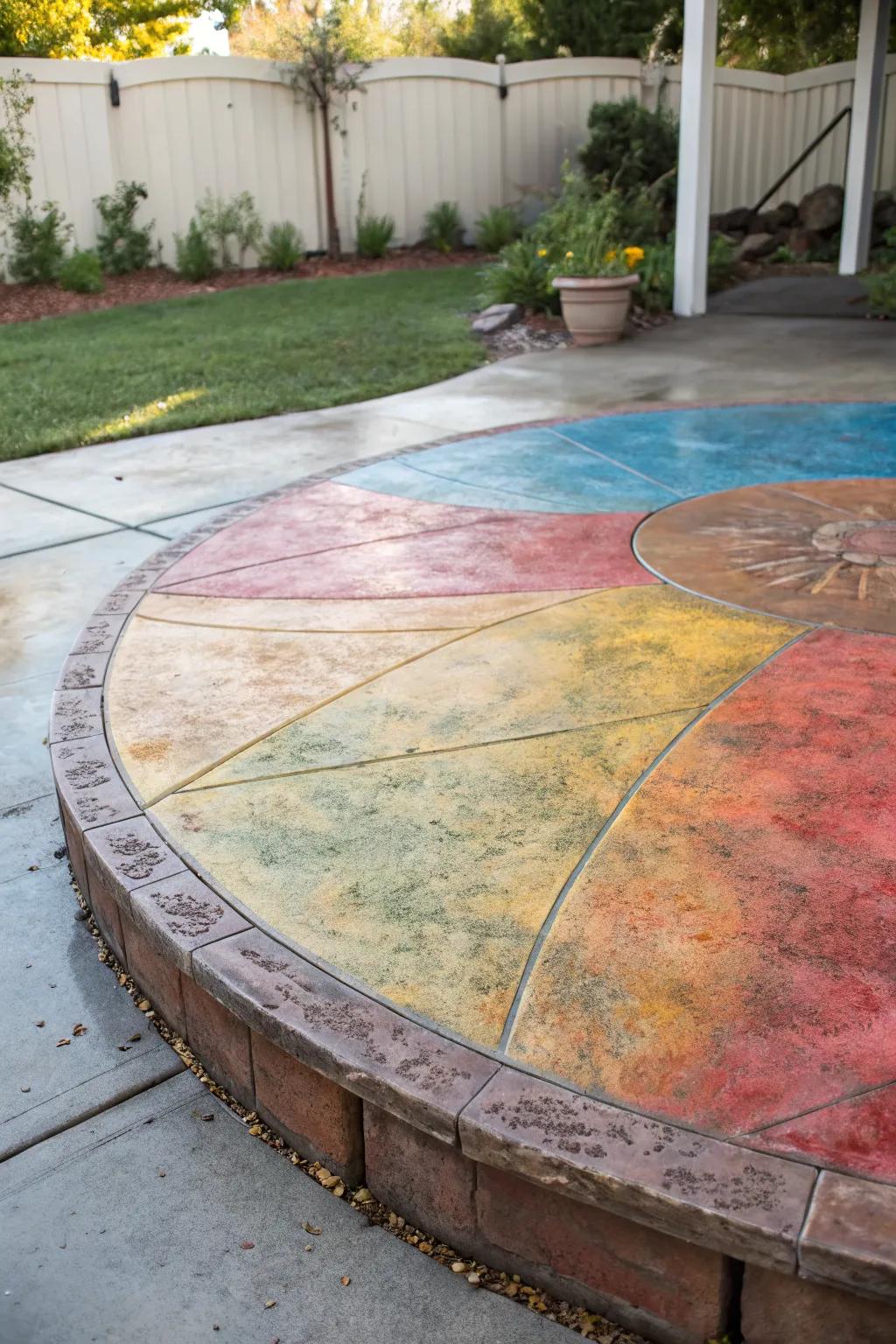 Colorful stains add personality and vibrancy to the patio.
