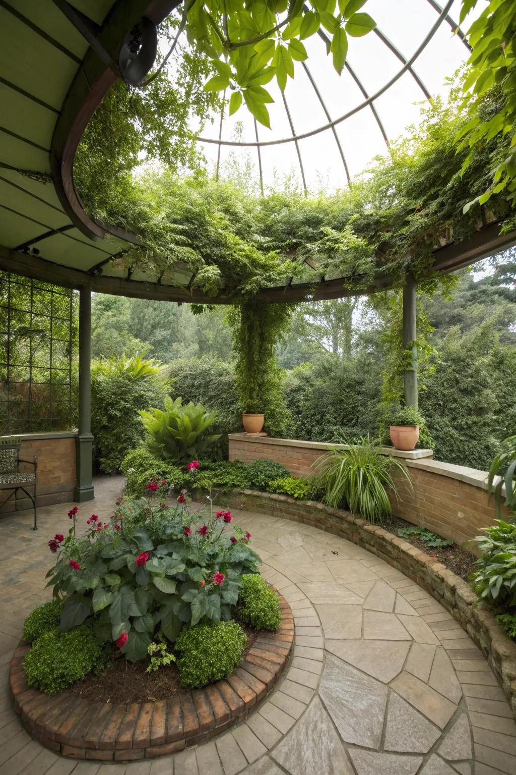 A round patio surrounded by green walls, offering privacy and natural beauty.