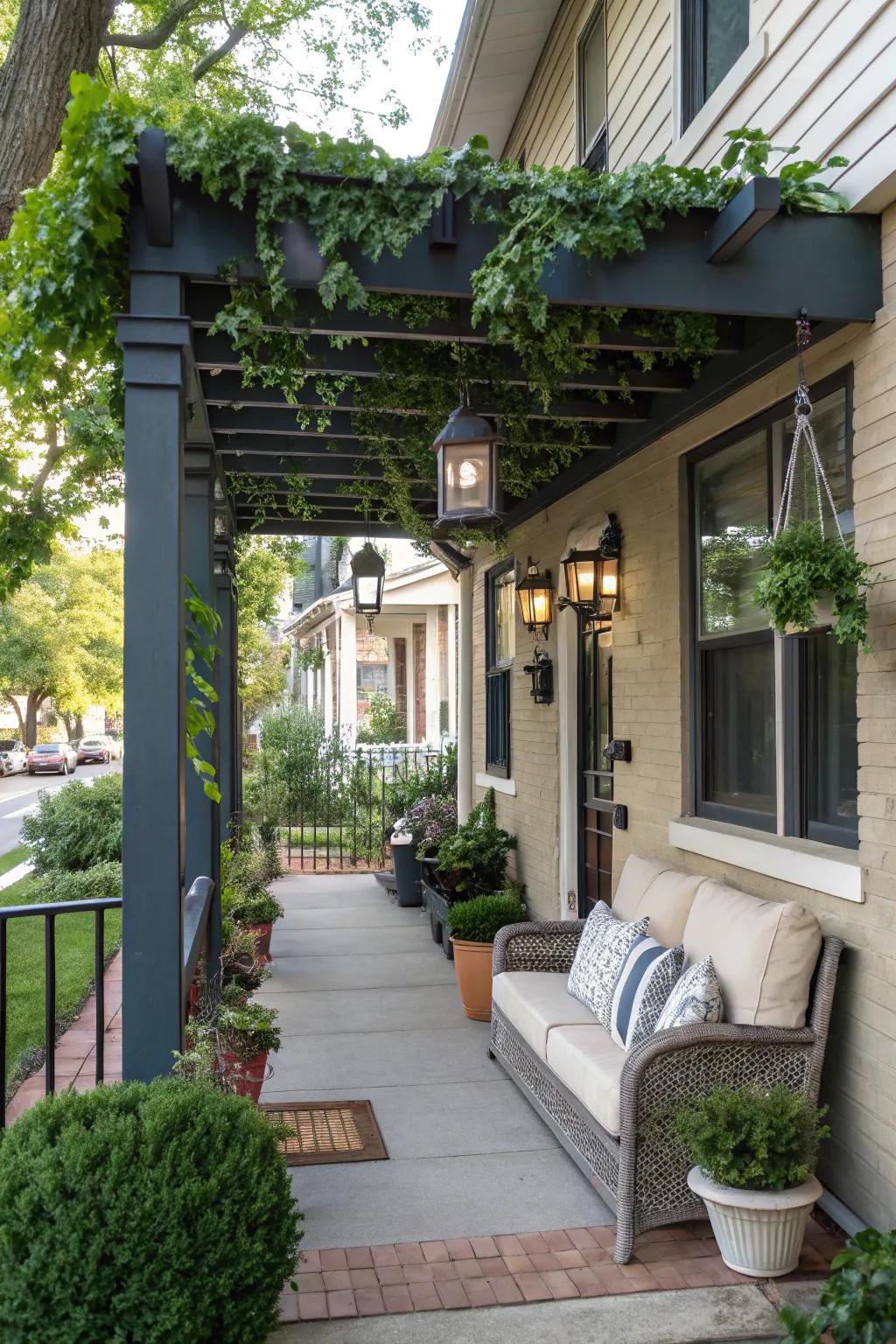 A pergola adds structure and shade to your porch, enhancing its charm.