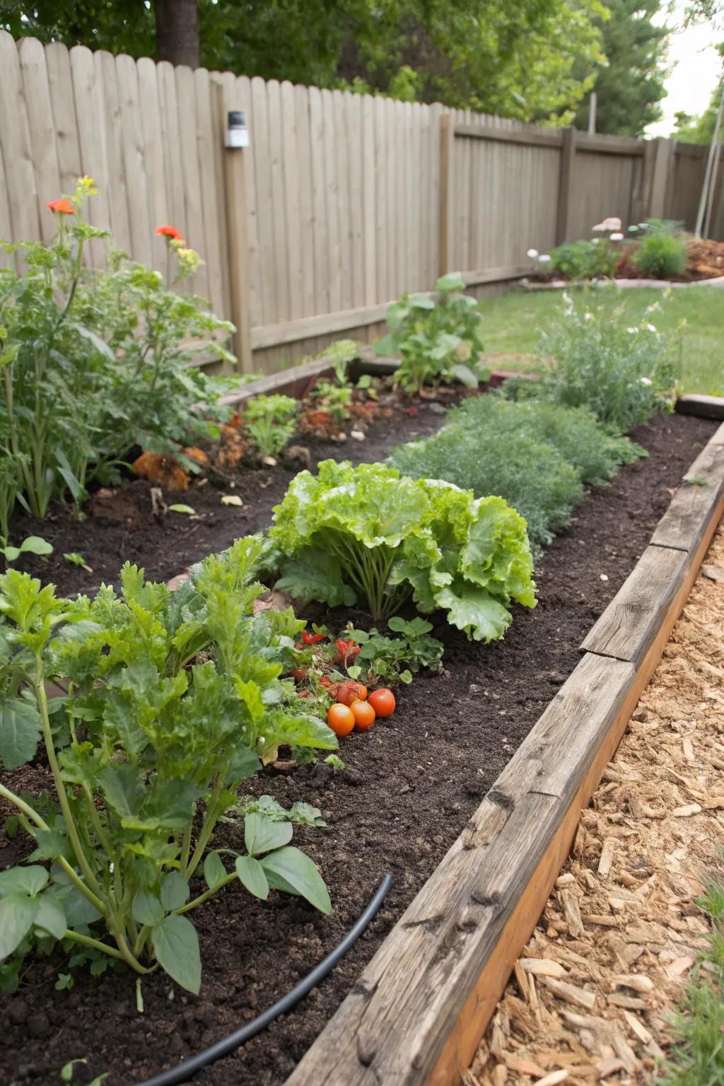 A thriving edible garden bed protected by rubber mulch.