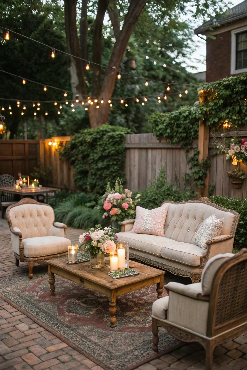 A cozy lounge area for guests to relax at a backyard wedding.