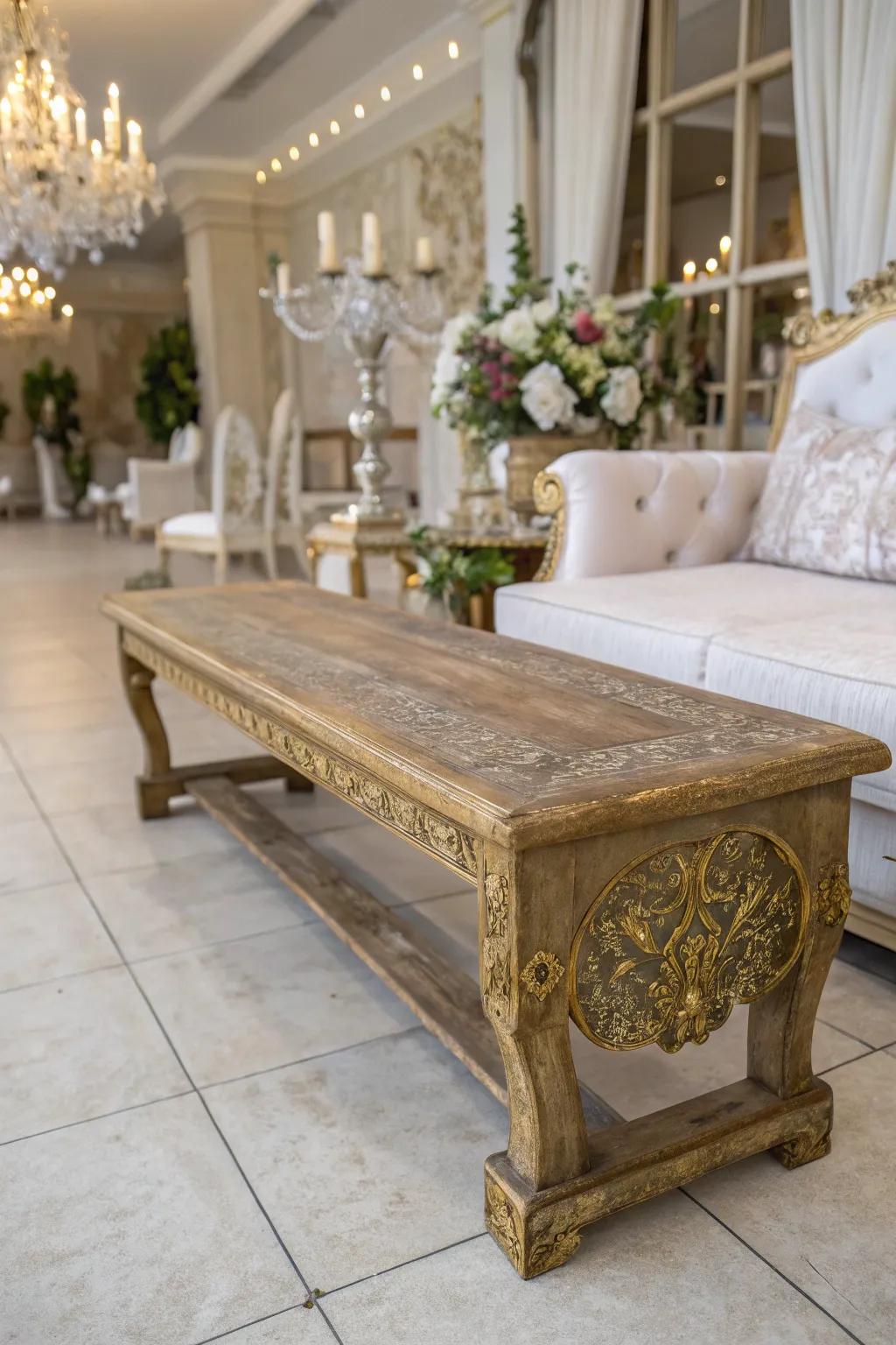 Elevate your rustic bench with glamorous gold accents.