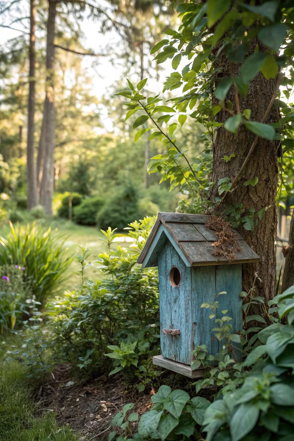 A serene rustic blue birdhouse, a standout feature in any garden.