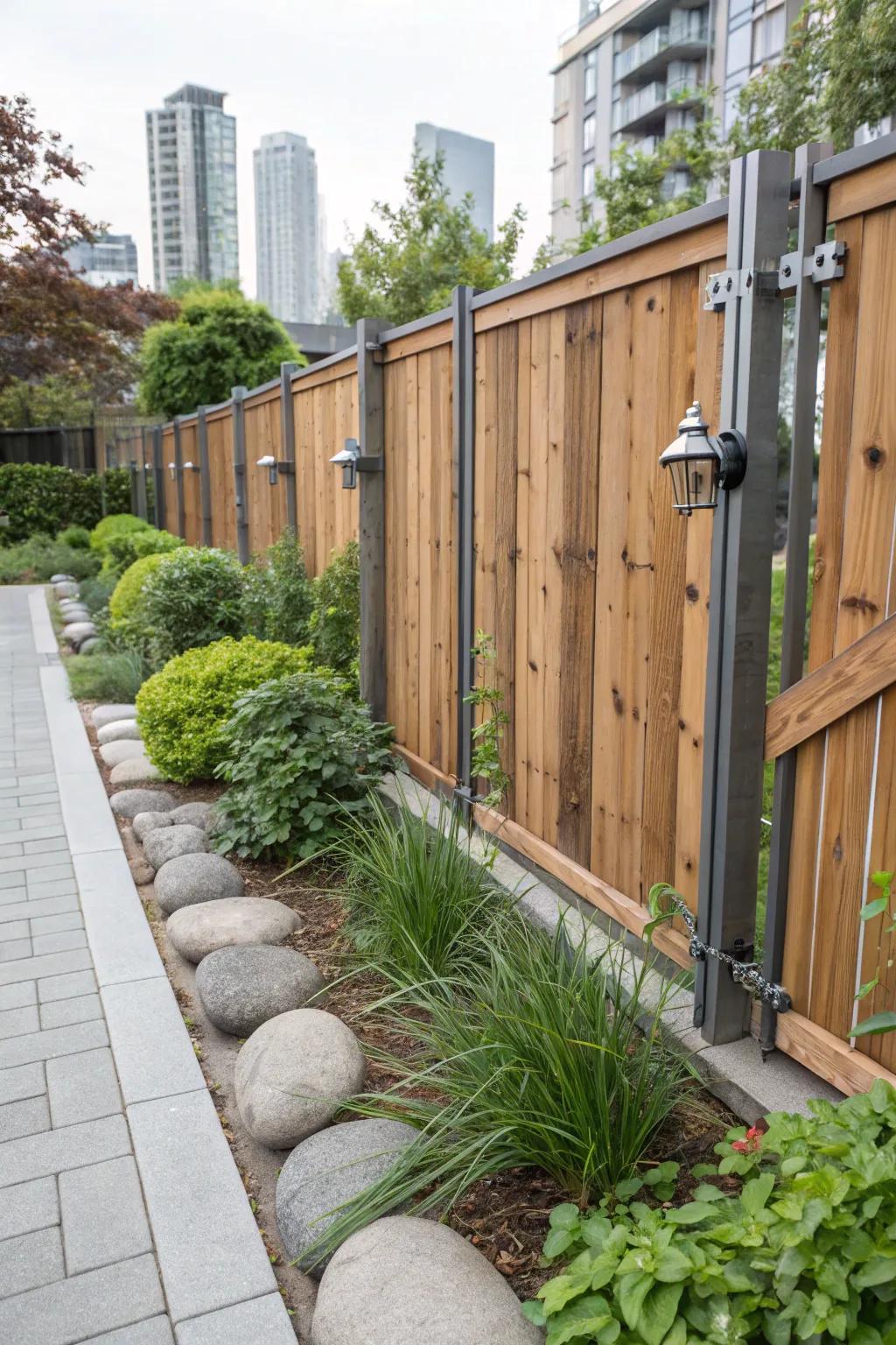 A cedar fence with metal accents for a bold look.
