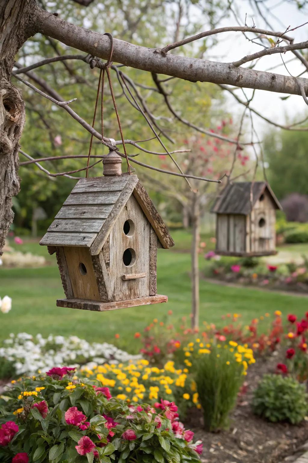 Rustic birdhouses add whimsy and attract birds to this garden.