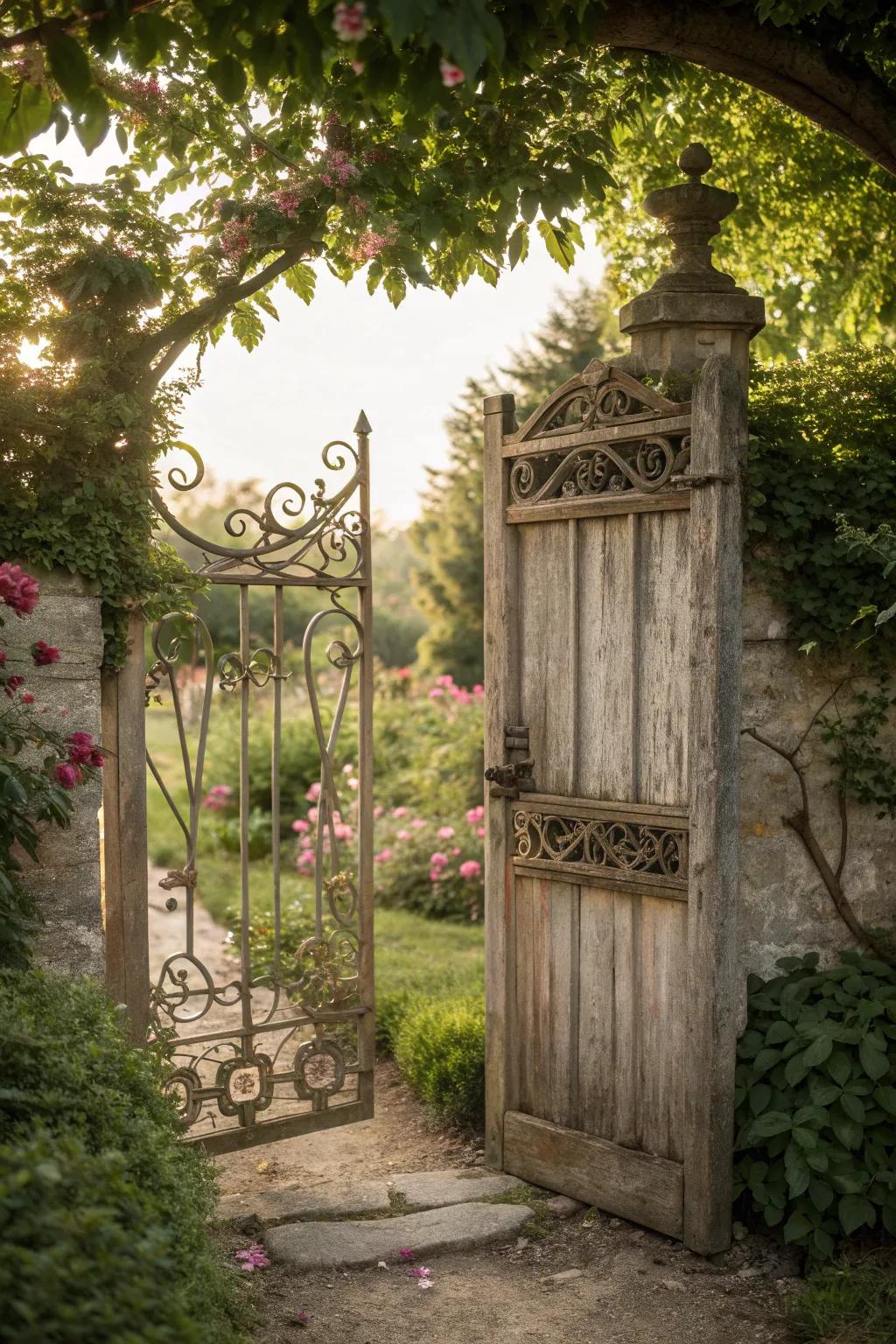 A garden gate with rustic elegance and ornamental details.