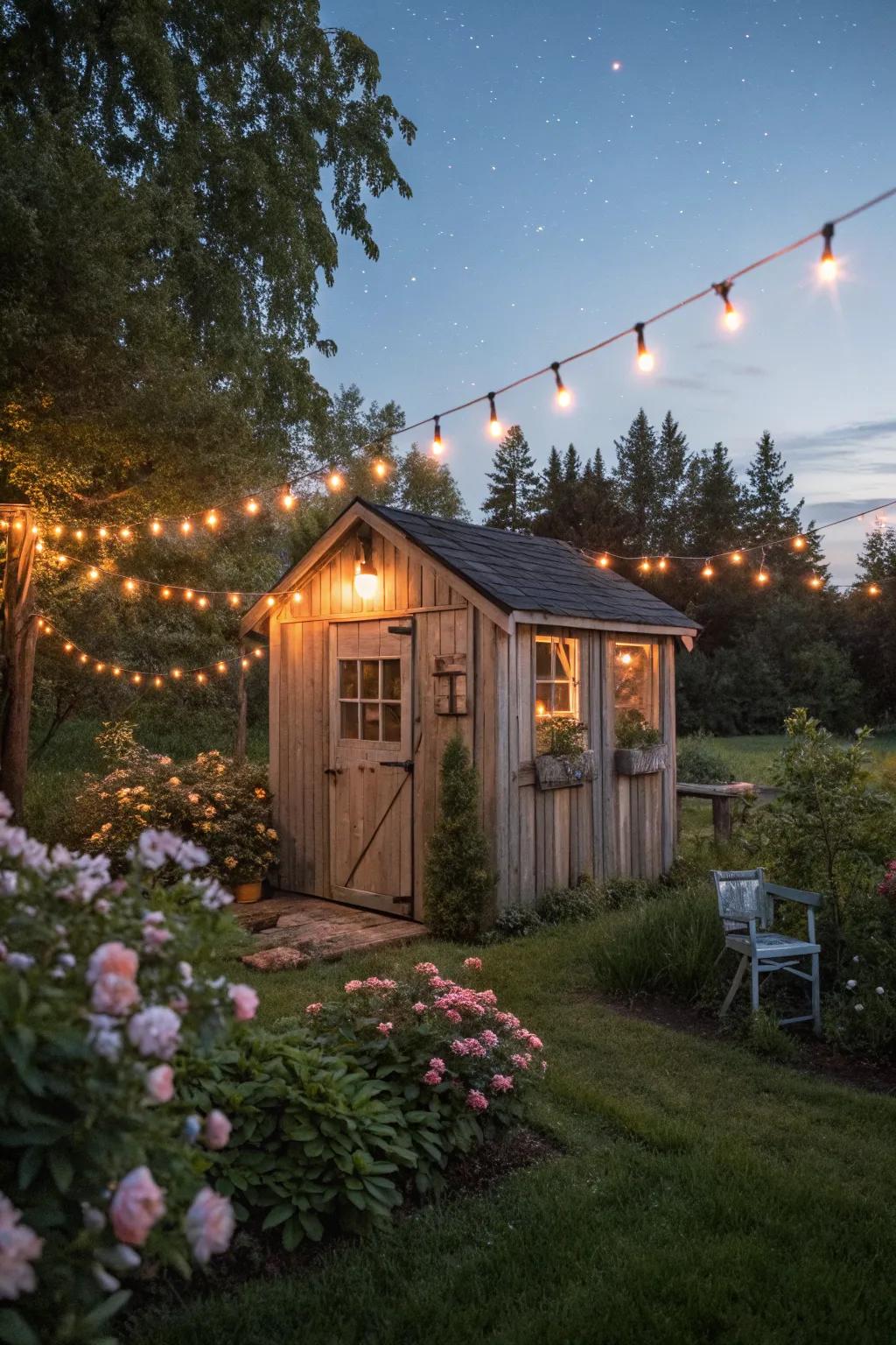 String lights cast a warm glow around this inviting rustic shed.
