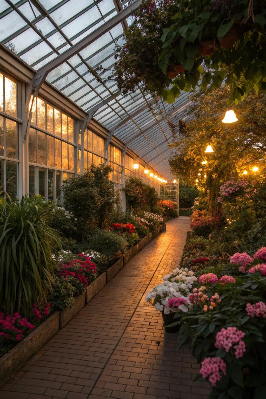 Solar lighting provides an eco-friendly glow to this greenhouse.