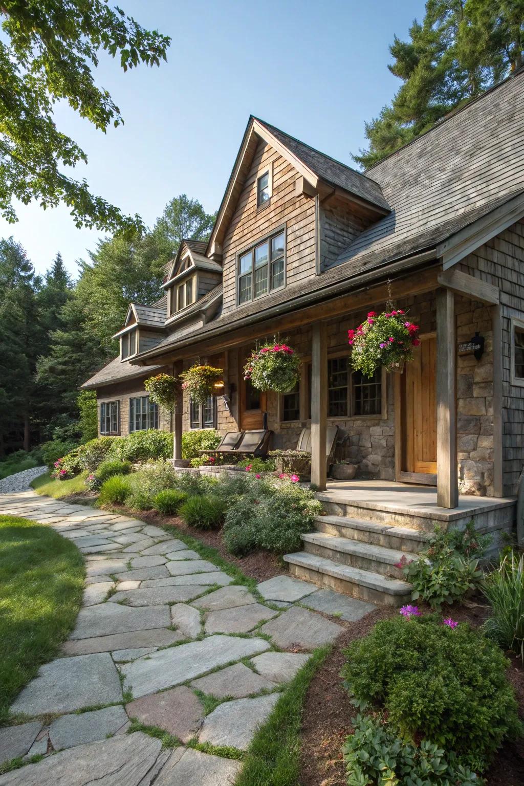 Natural landscaping complements rustic siding beautifully.
