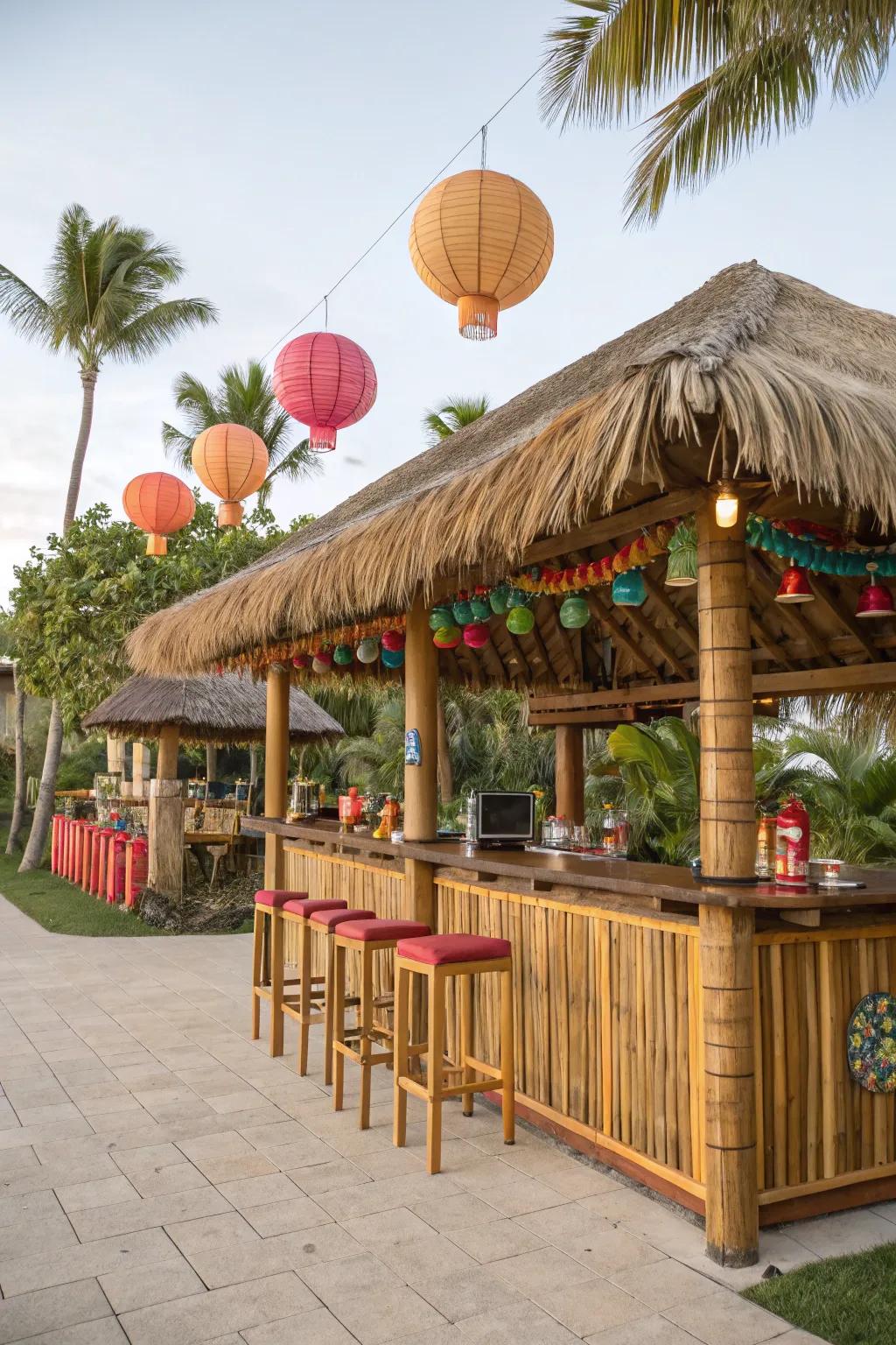 A tiki bar brings tropical fun to any backyard setting.