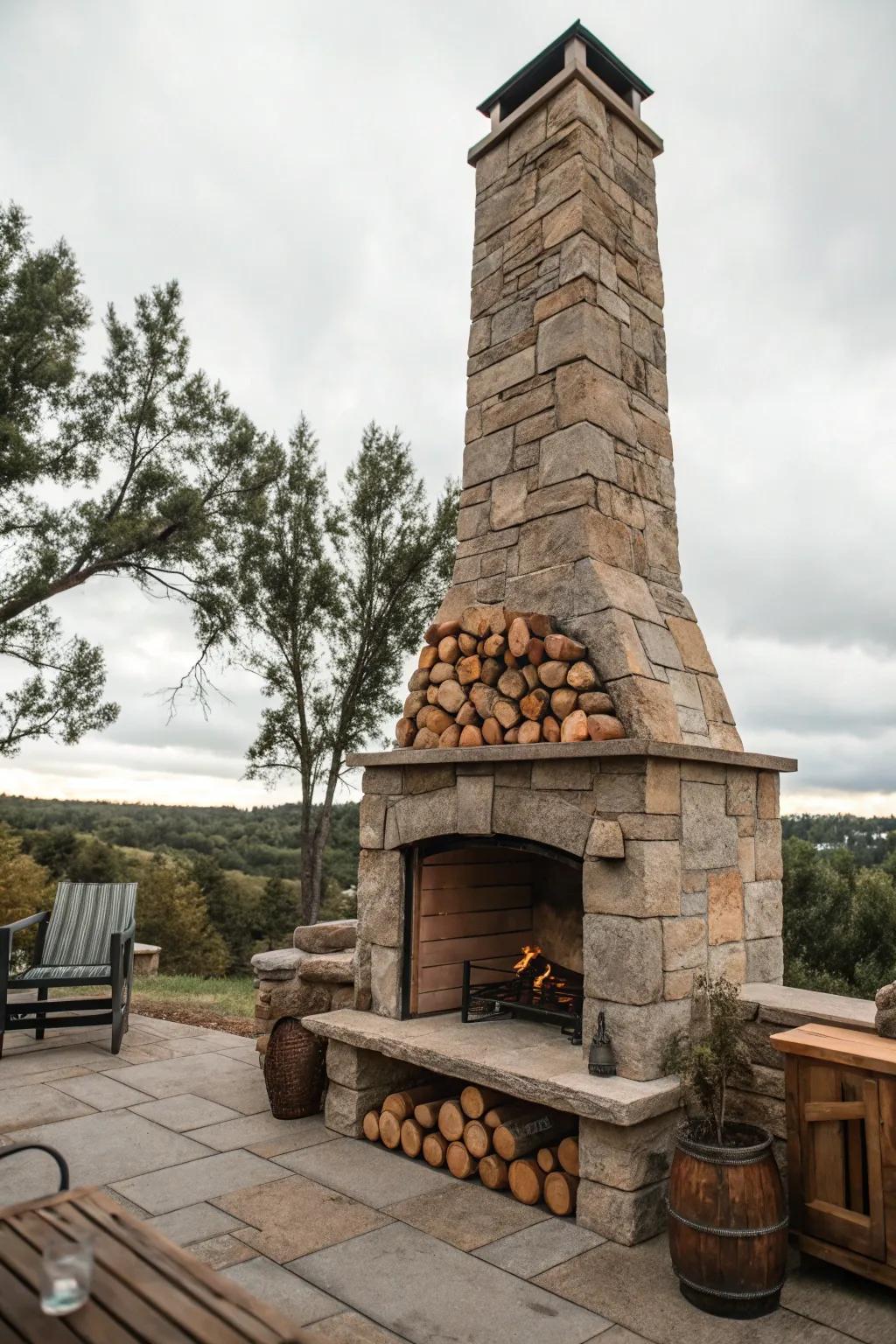 A tall, rustic stone chimney adds grandeur to the fireplace.