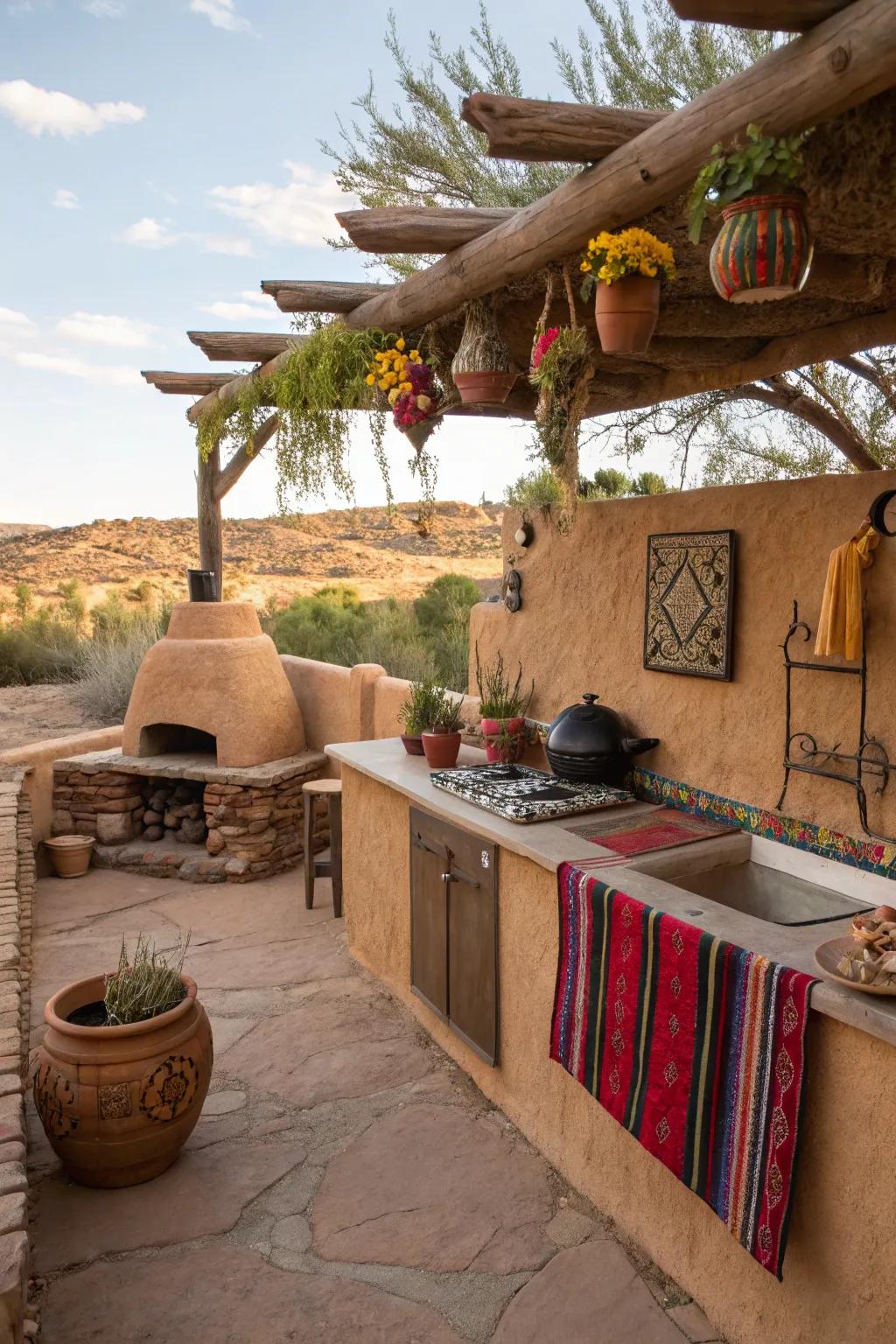 Adobe elements add a southwestern twist to the rustic kitchen.