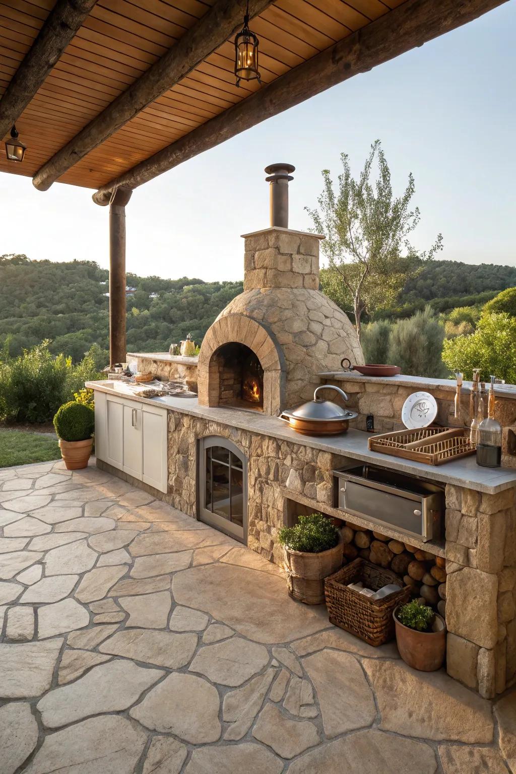 Natural stone flooring offers durability and rustic charm to an outdoor kitchen.