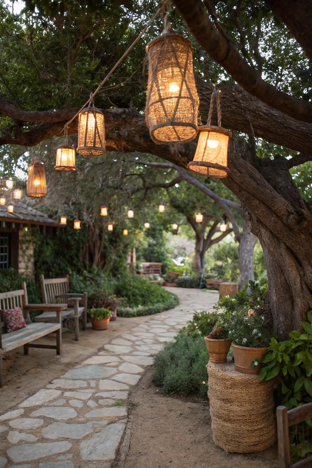 Burlap-wrapped lights adding texture and warmth to the garden.