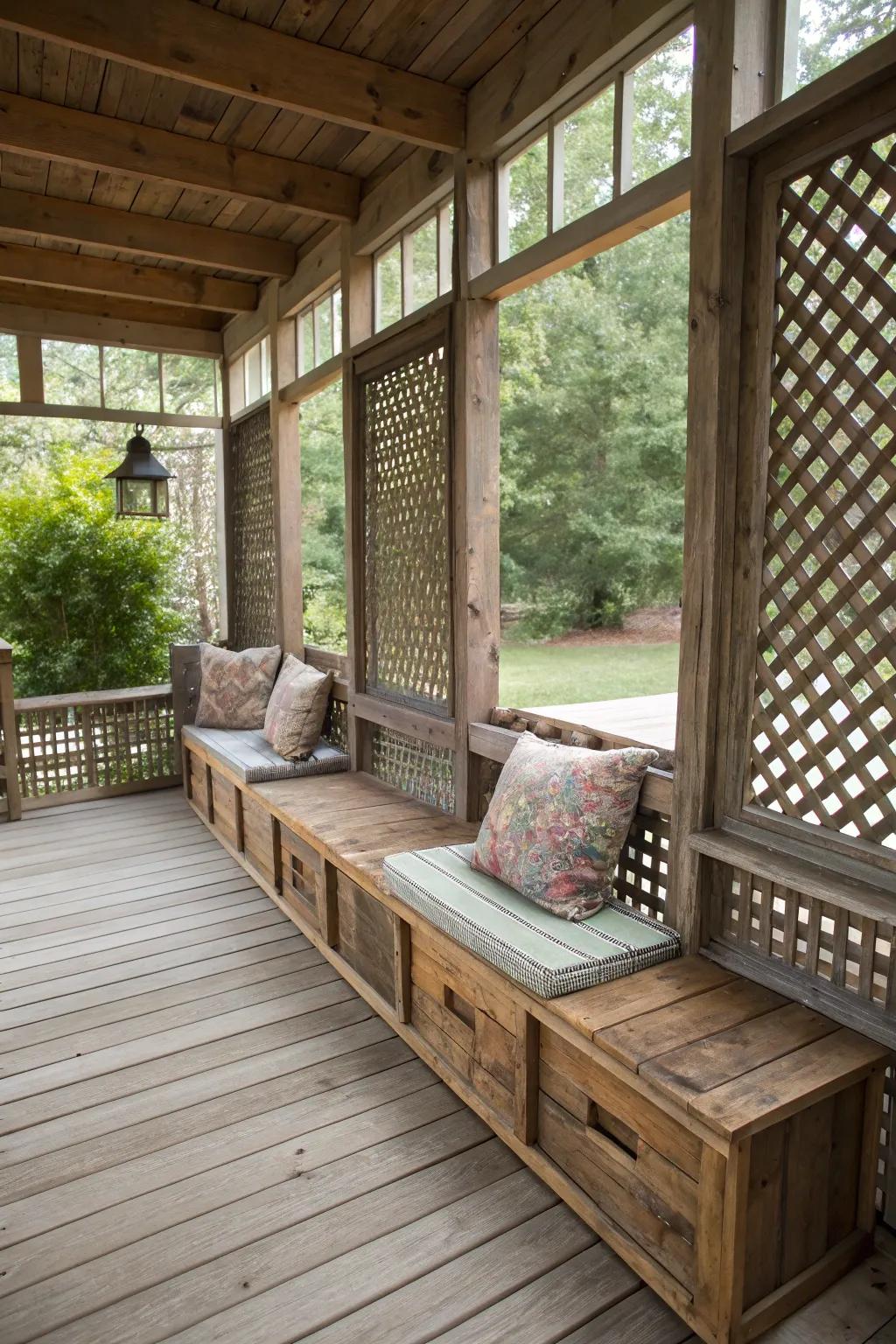 Built-in benches offer seating and storage.