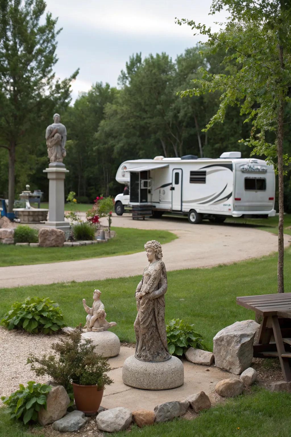 Sculptures bring artistic flair to your RV's outdoor space.