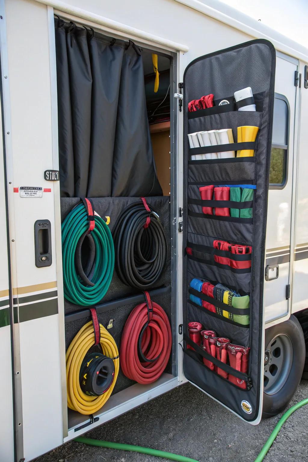 Roll-up pockets provide a compact and efficient hose storage solution.