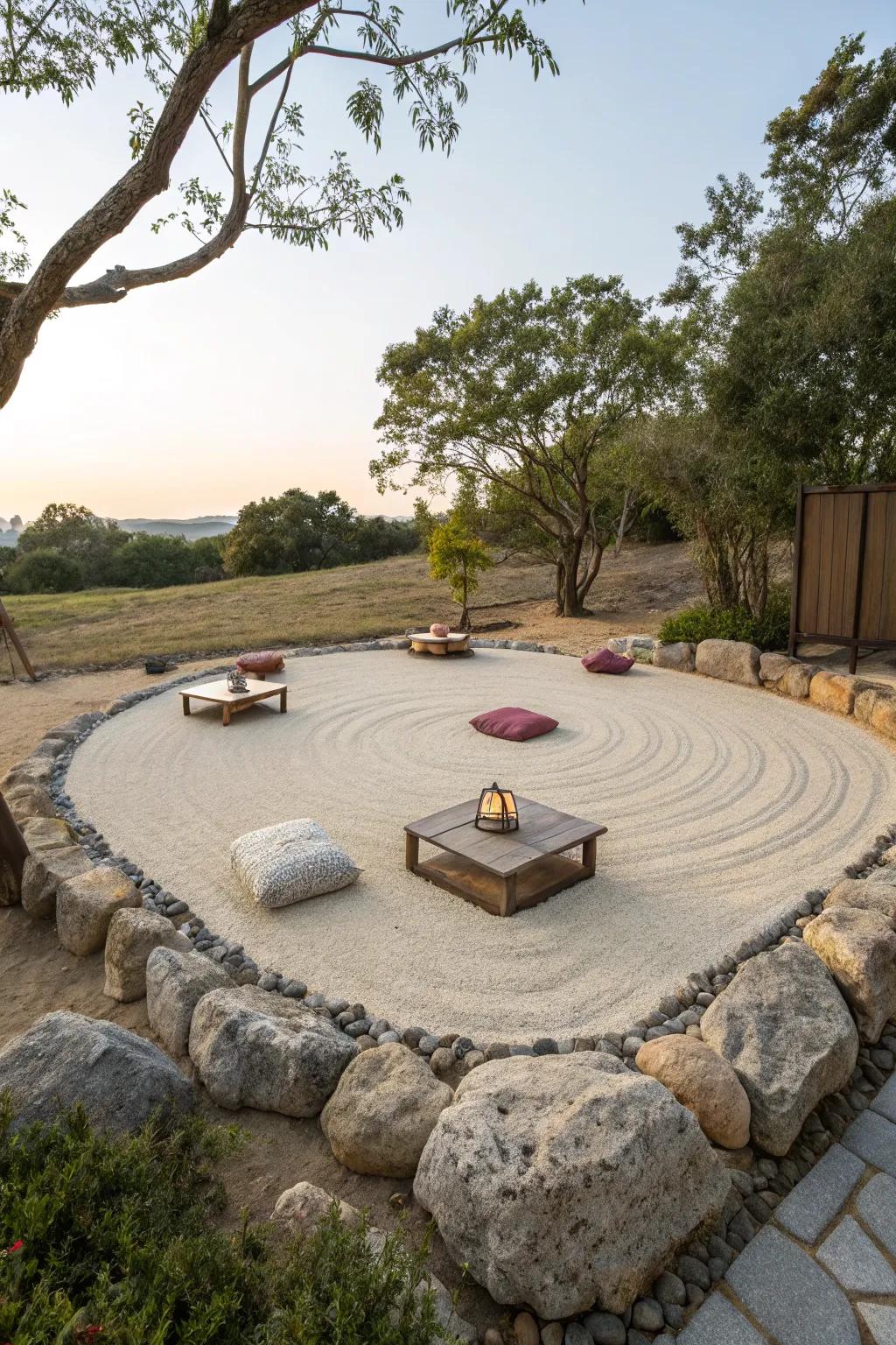 Find peace in a serene sand meditation circle.