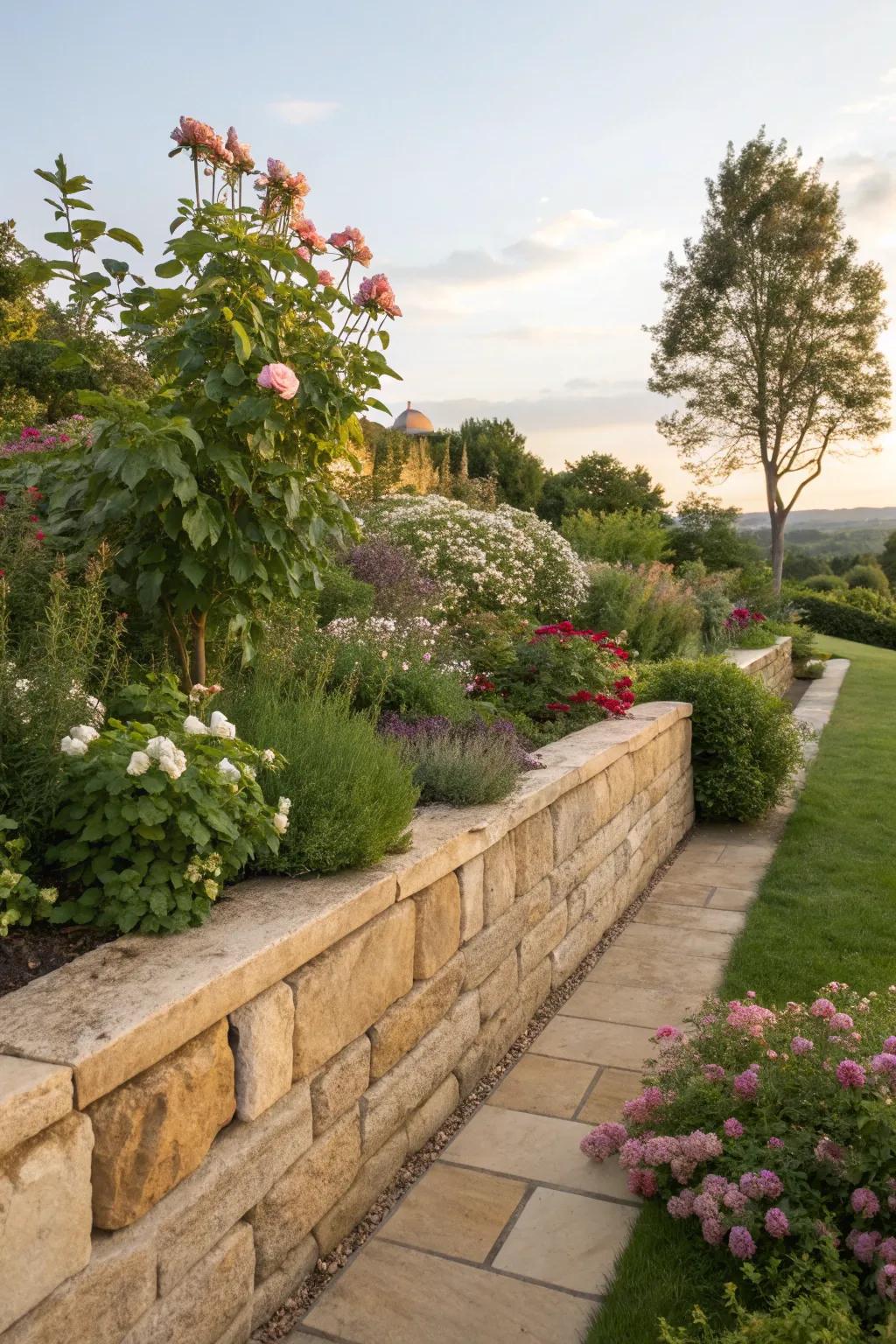 Sandstone garden walls providing structure and support.