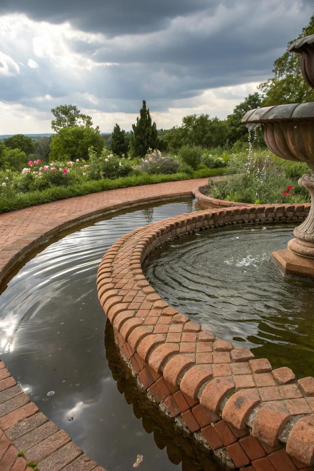 Water feature framed by scalloped brick edging.