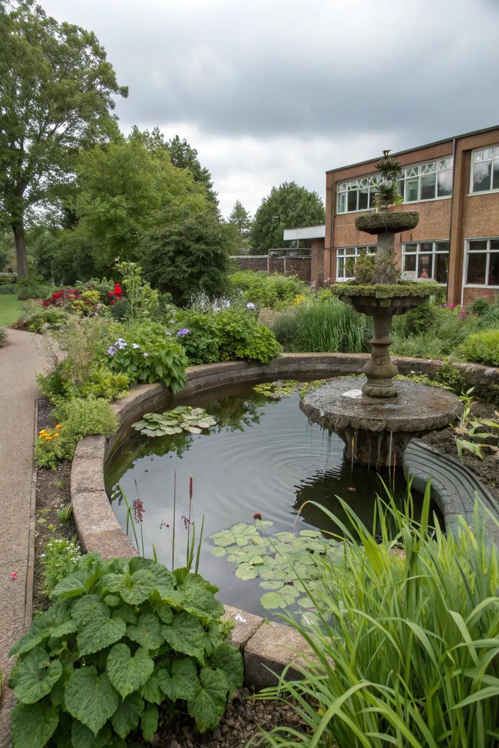 A small water feature in the school garden, adding tranquility and educational value.