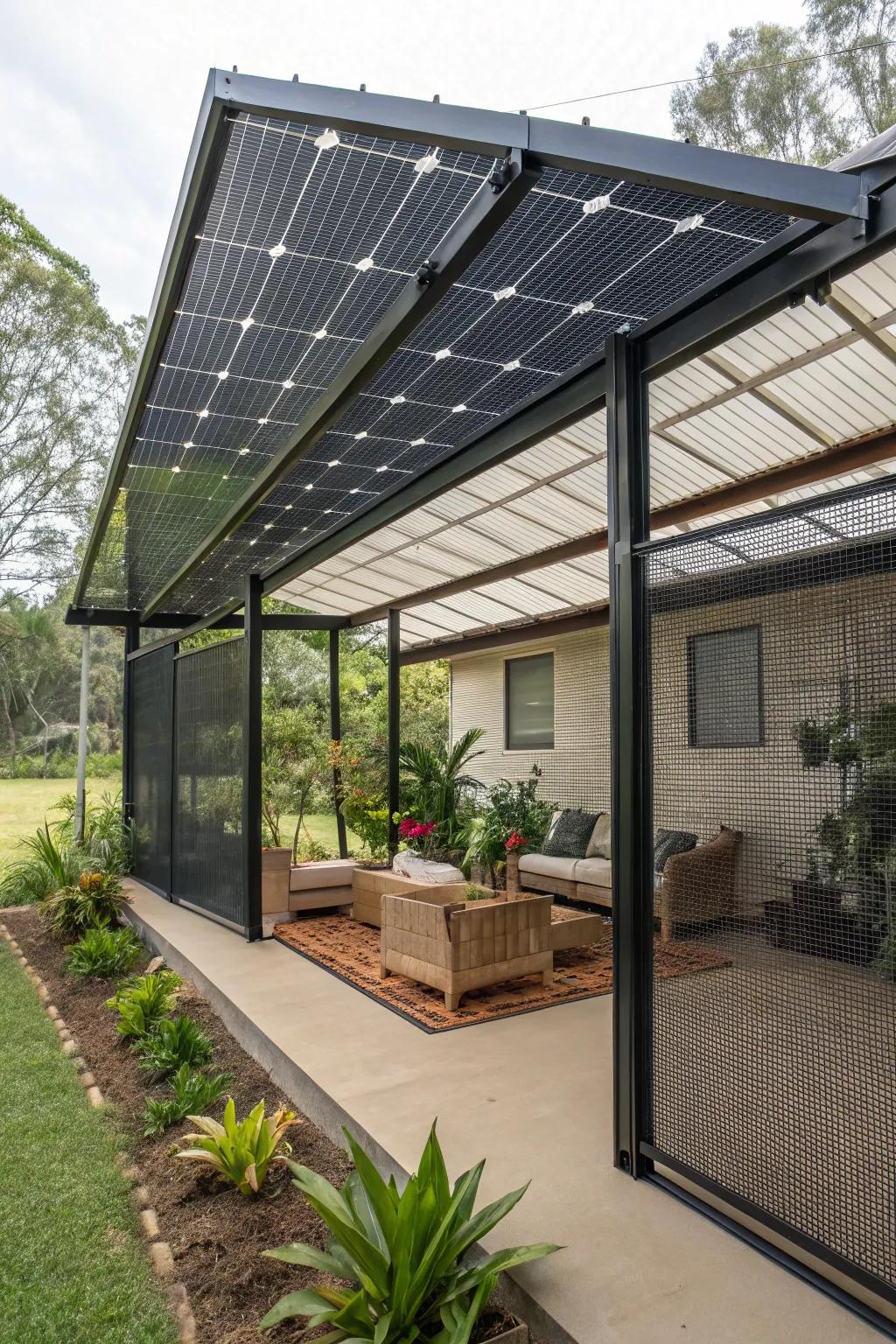 A sustainable living space in a screened carport.