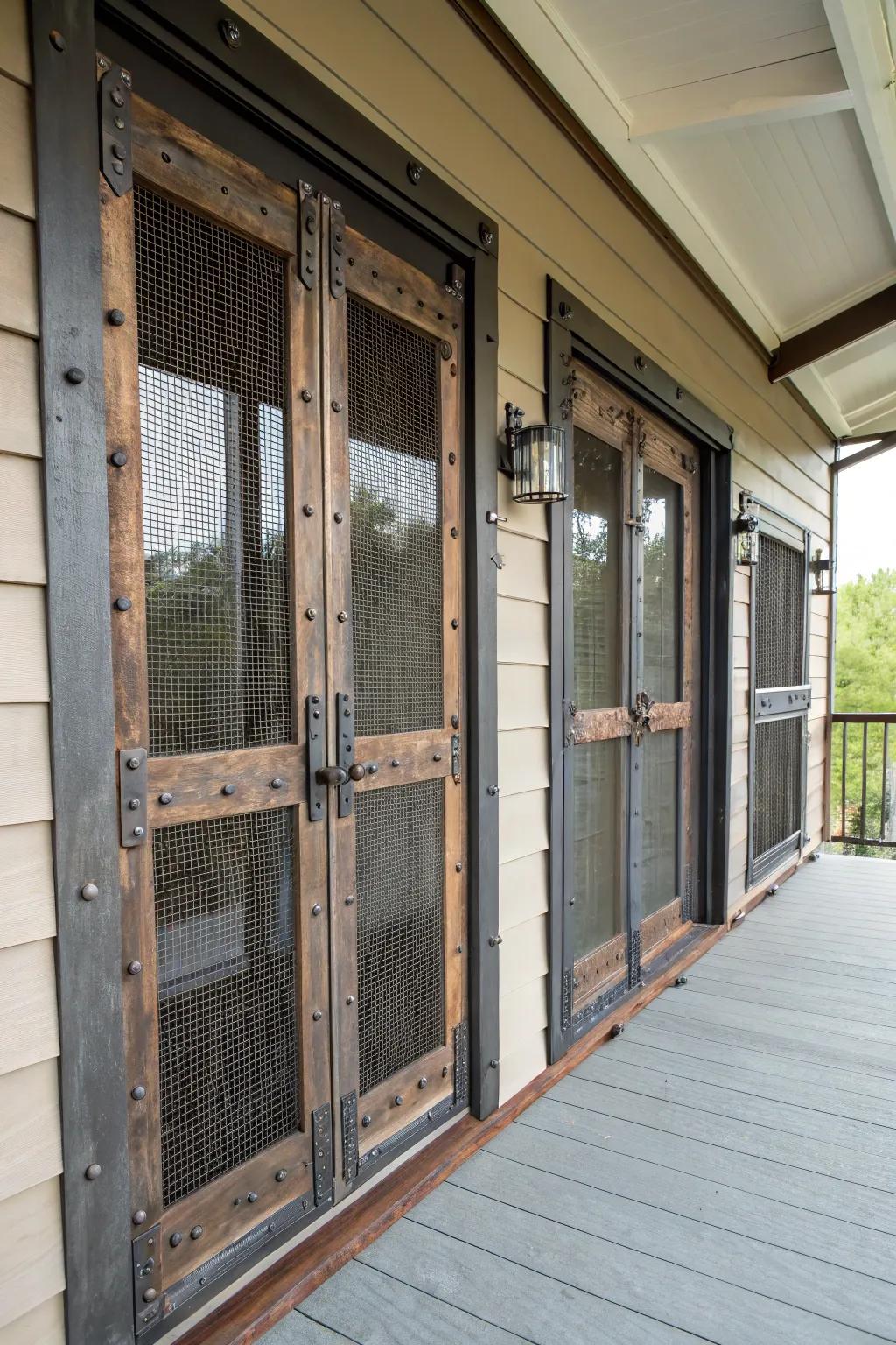 Industrial-style doors bring urban chic to your porch.