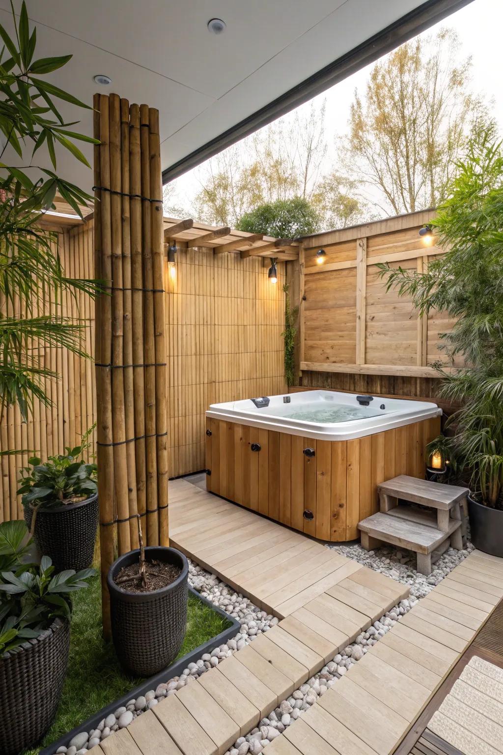 An eco-conscious hot tub area using sustainable materials.