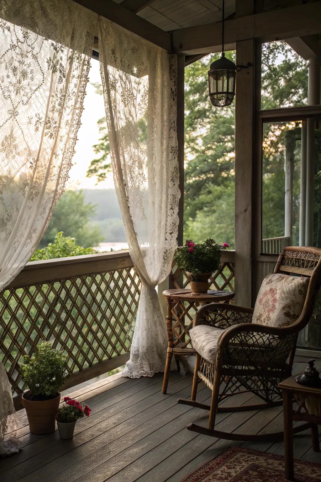 Lace curtains provide a vintage charm to your porch.