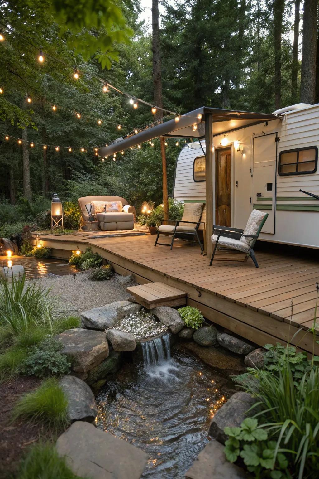 A camper deck enhanced by a calming water feature.