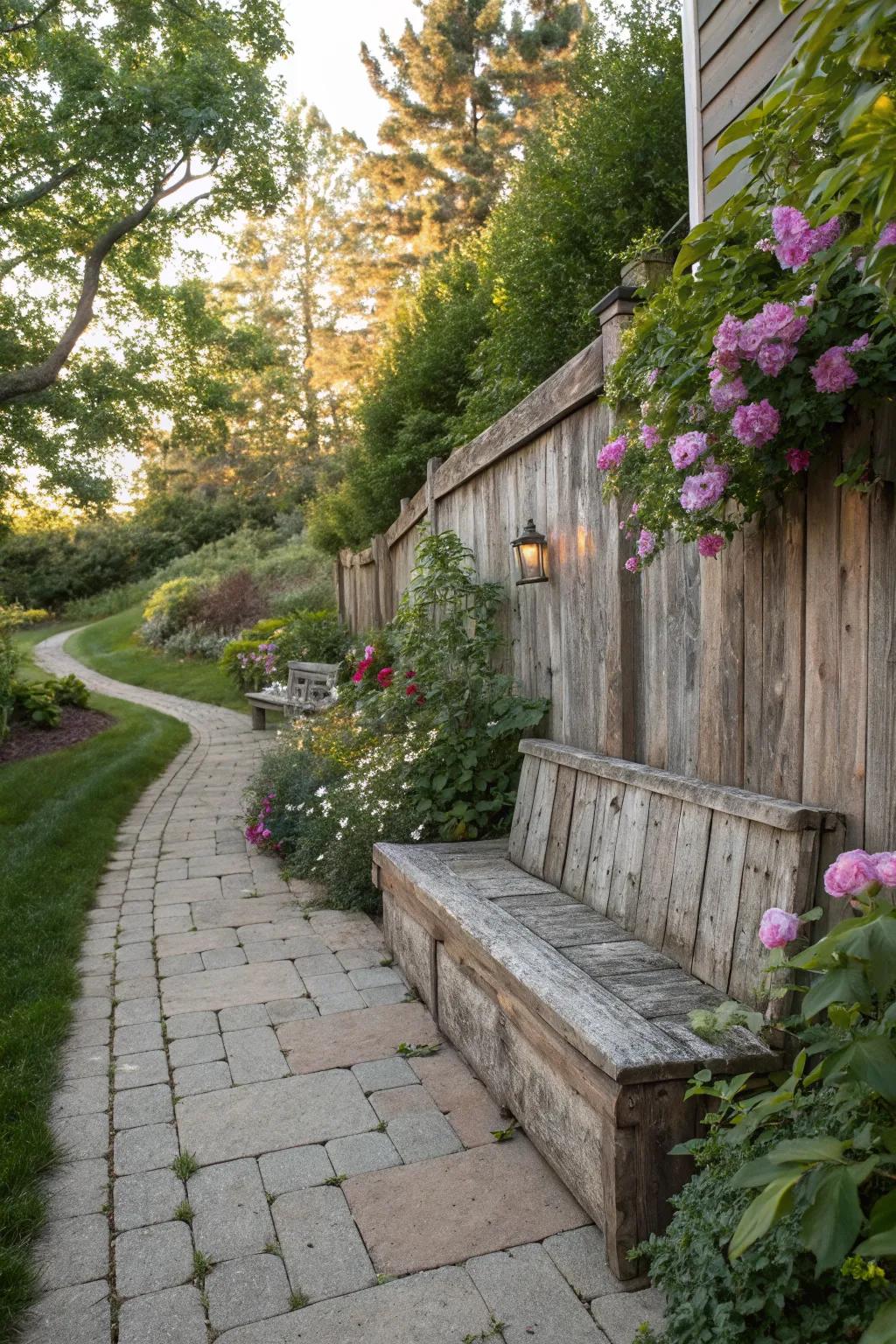 Weathered wood seating wall for a rustic garden retreat.