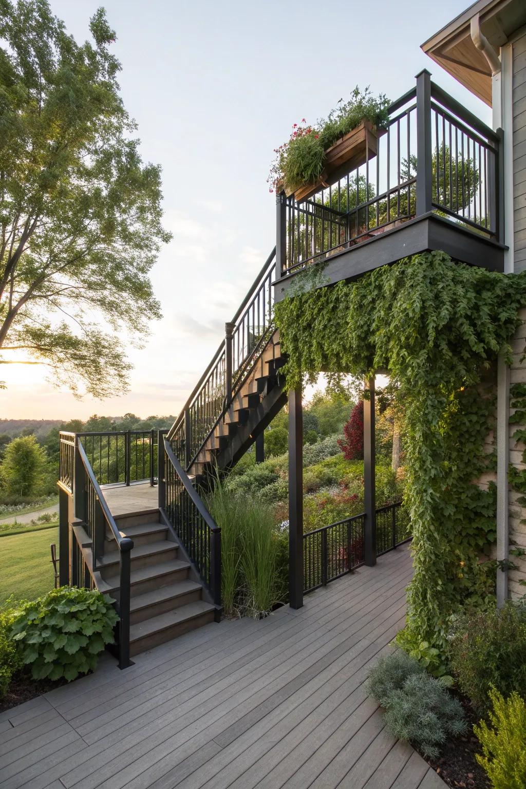 A second-story deck with stairs adorned with vibrant vertical gardens.