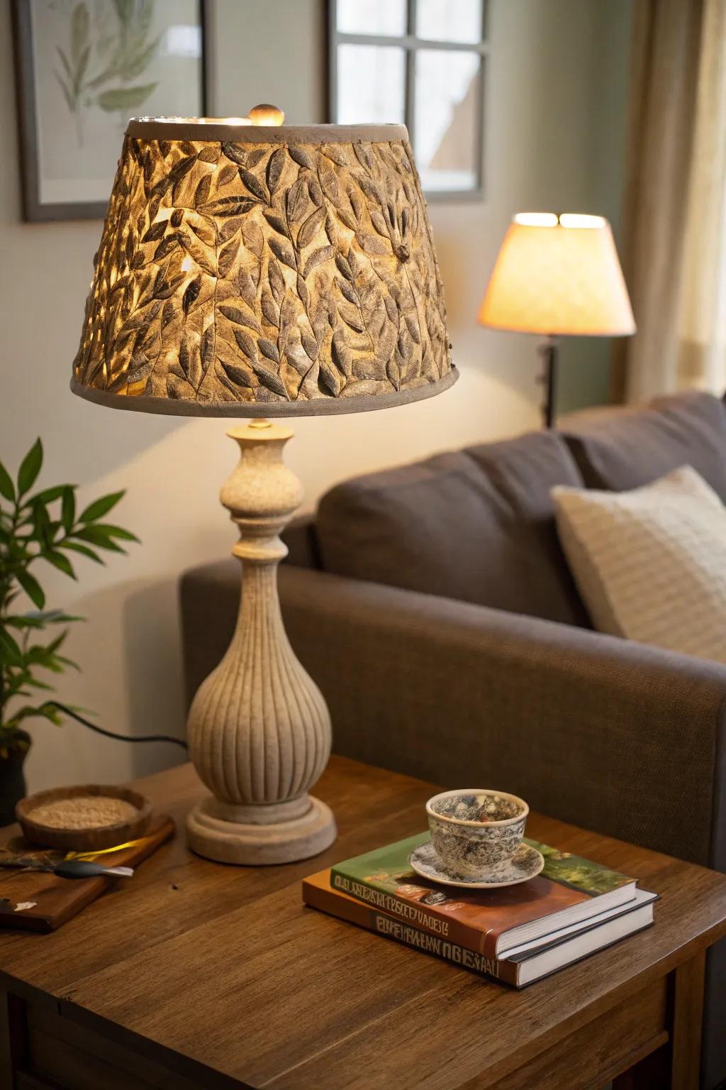 Seed-covered lampshades that create a warm and inviting ambiance.